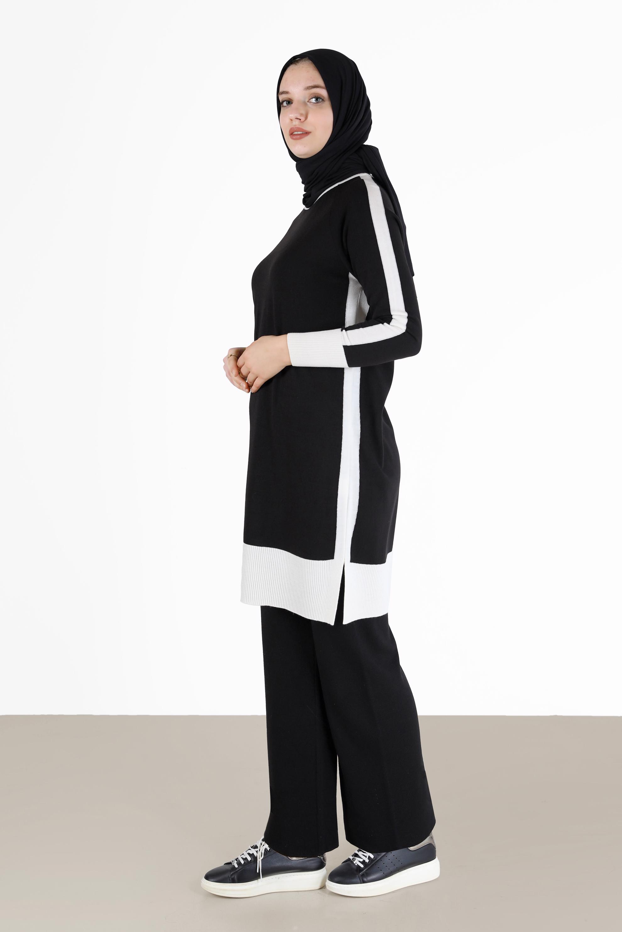 Tesettür giyim SİYAH İKİ RENKLİ TRİKO TUNİK 42012 