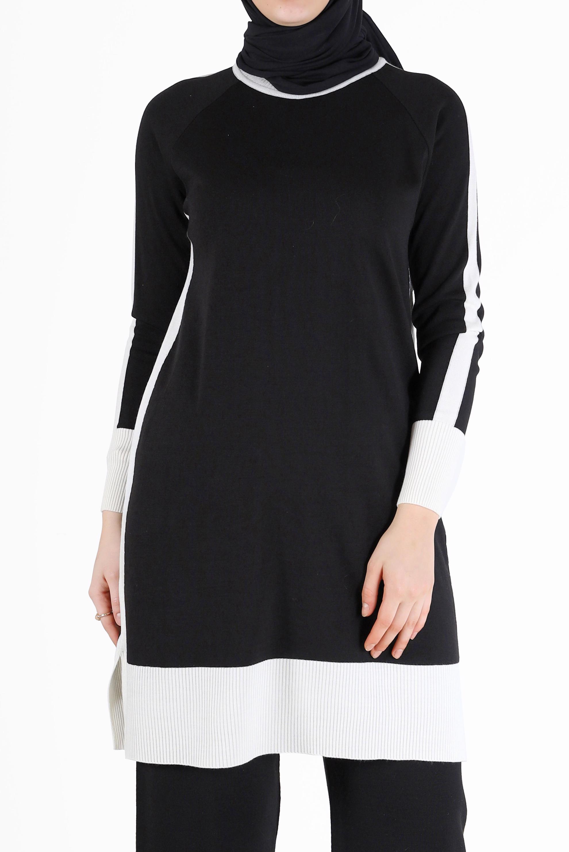 Tesettür giyim SİYAH İKİ RENKLİ TRİKO TUNİK 42012 