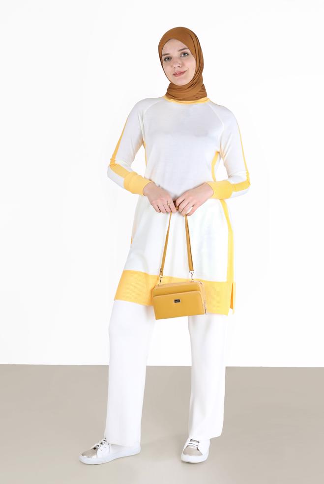 Tesettür giyim BEYAZ İKİ RENKLİ TRİKO TUNİK 42012  - ALVİNA