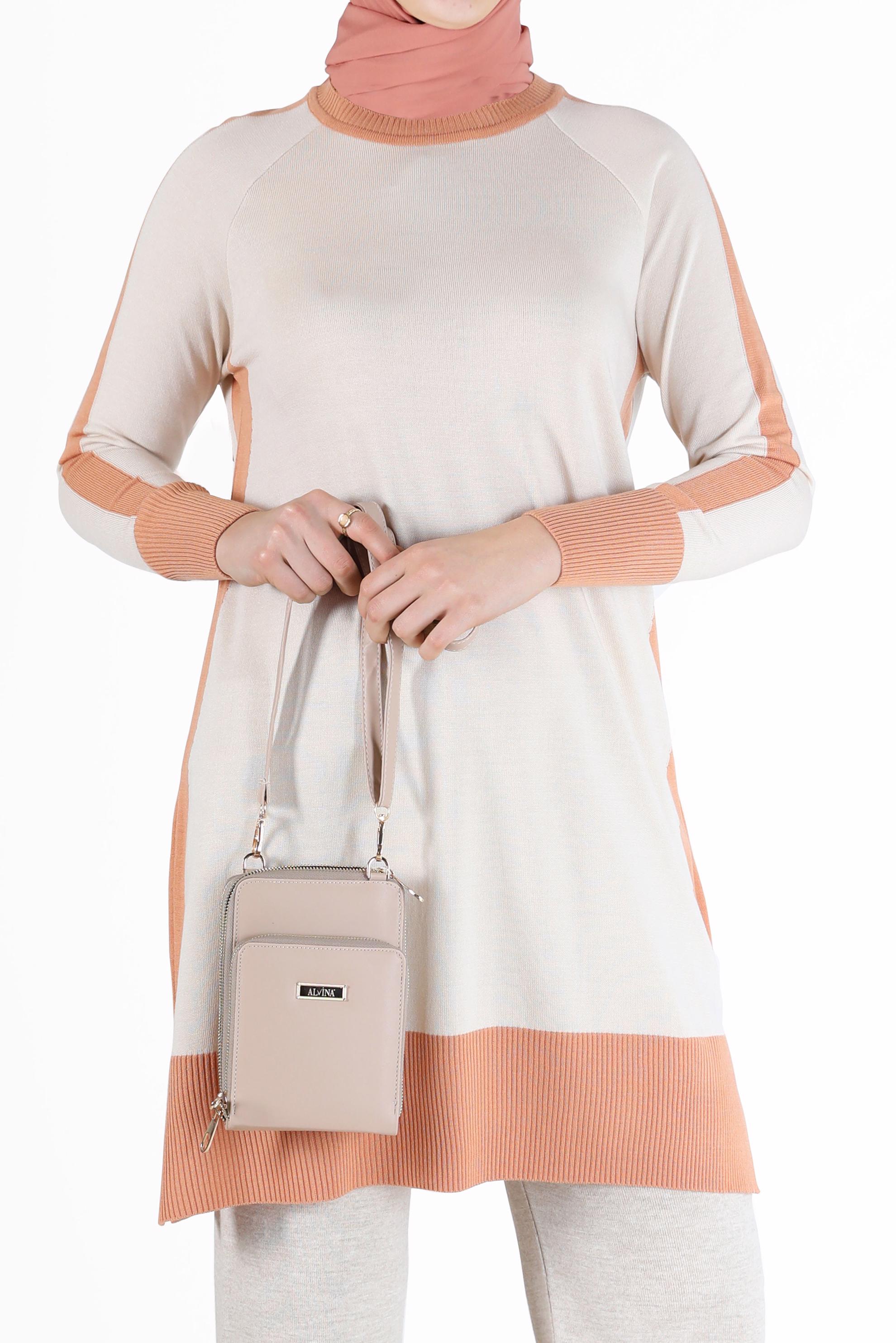 Tesettür giyim BEJ İKİ RENKLİ TRİKO TUNİK 42012 