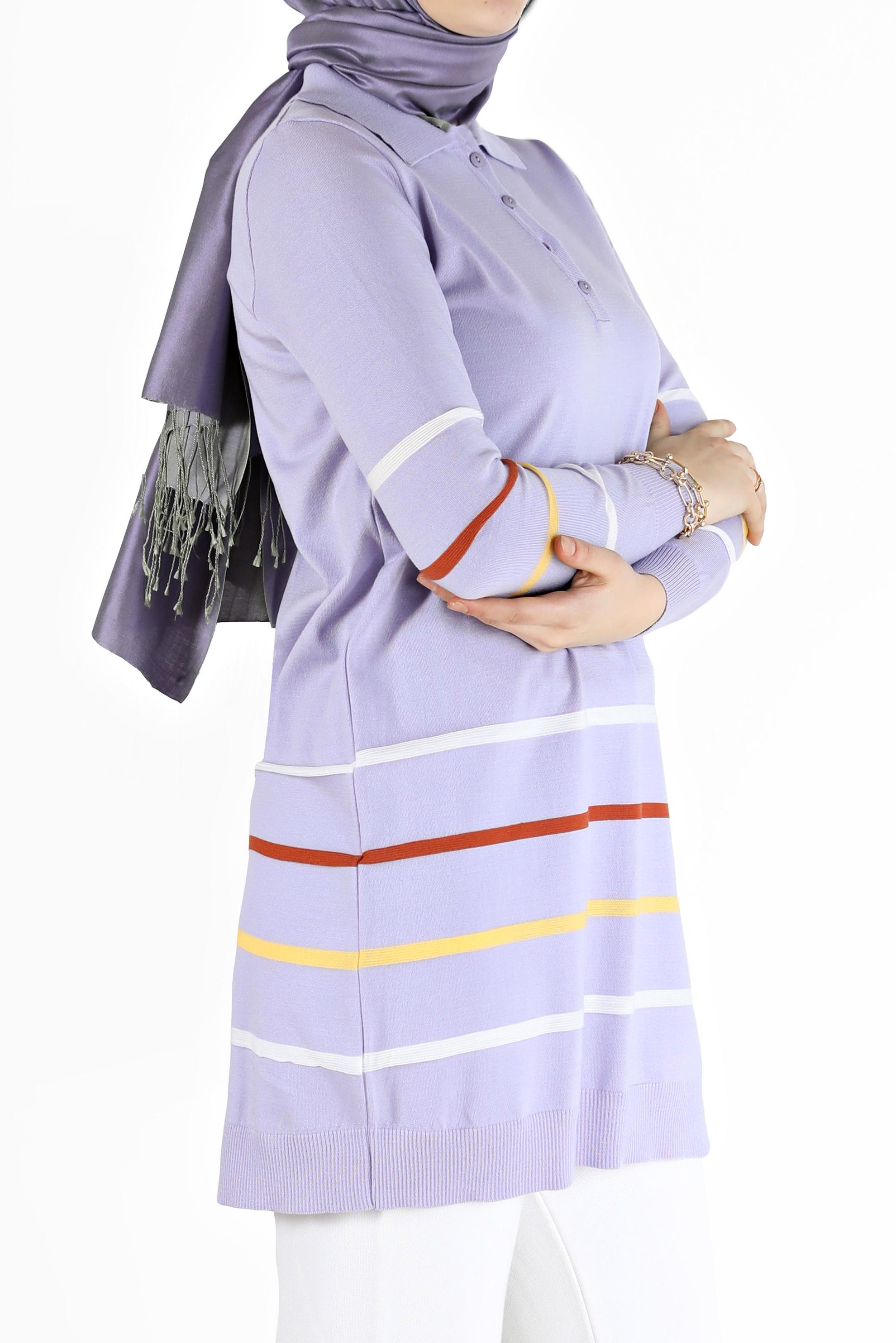 Tesettür giyim MOR RENKLİ ŞERİT DETAYLI POLO YAKA TRİKO TUNİK 42019 