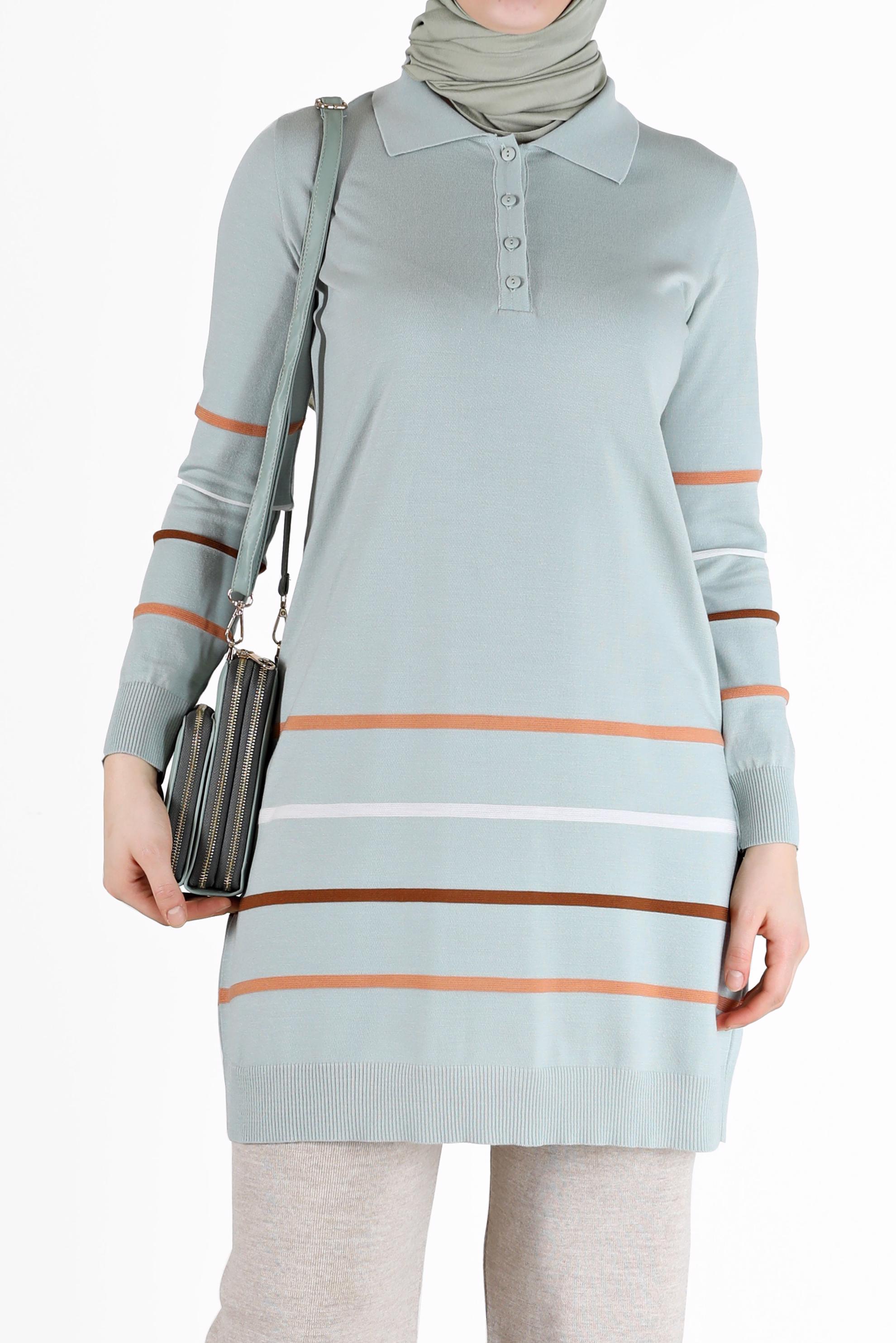 Tesettür giyim YEŞİL RENKLİ ŞERİT DETAYLI POLO YAKA TRİKO TUNİK 42019 