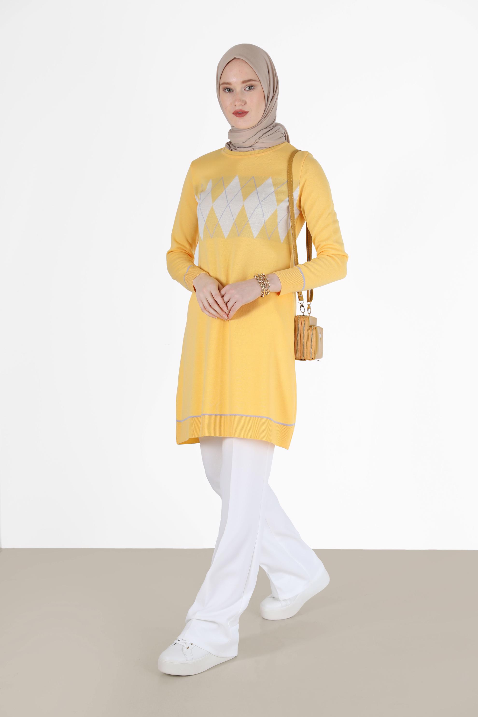 Tesettür giyim SARI BAKLAVA DESEN DETAYLI TRİKO TUNİK 42020 