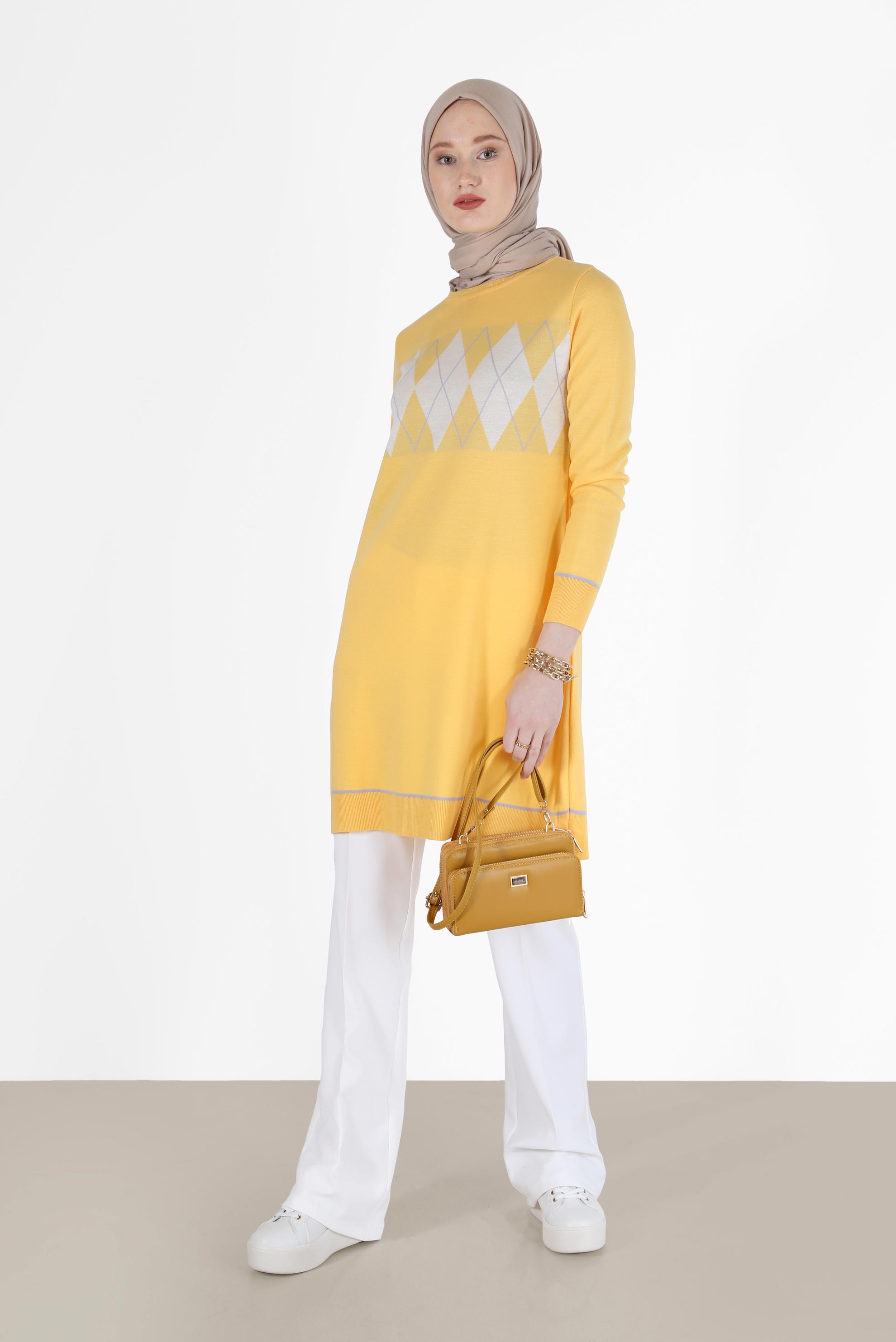Tesettür giyim SARI BAKLAVA DESEN DETAYLI TRİKO TUNİK 42020 
