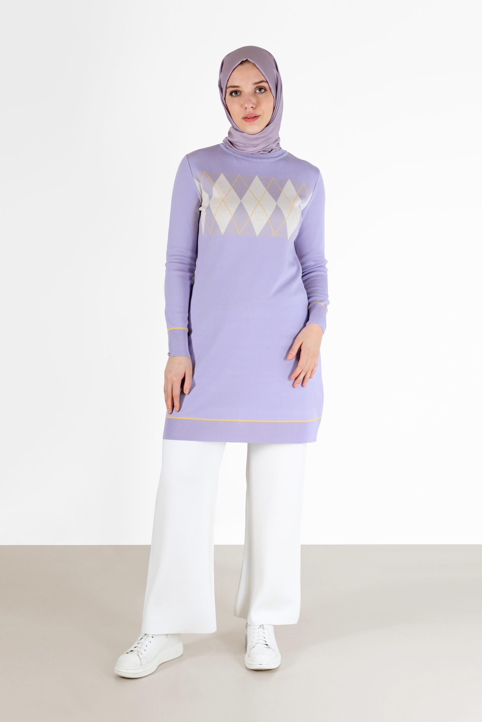 Tesettür giyim MOR BAKLAVA DESEN DETAYLI TRİKO TUNİK 42020 
