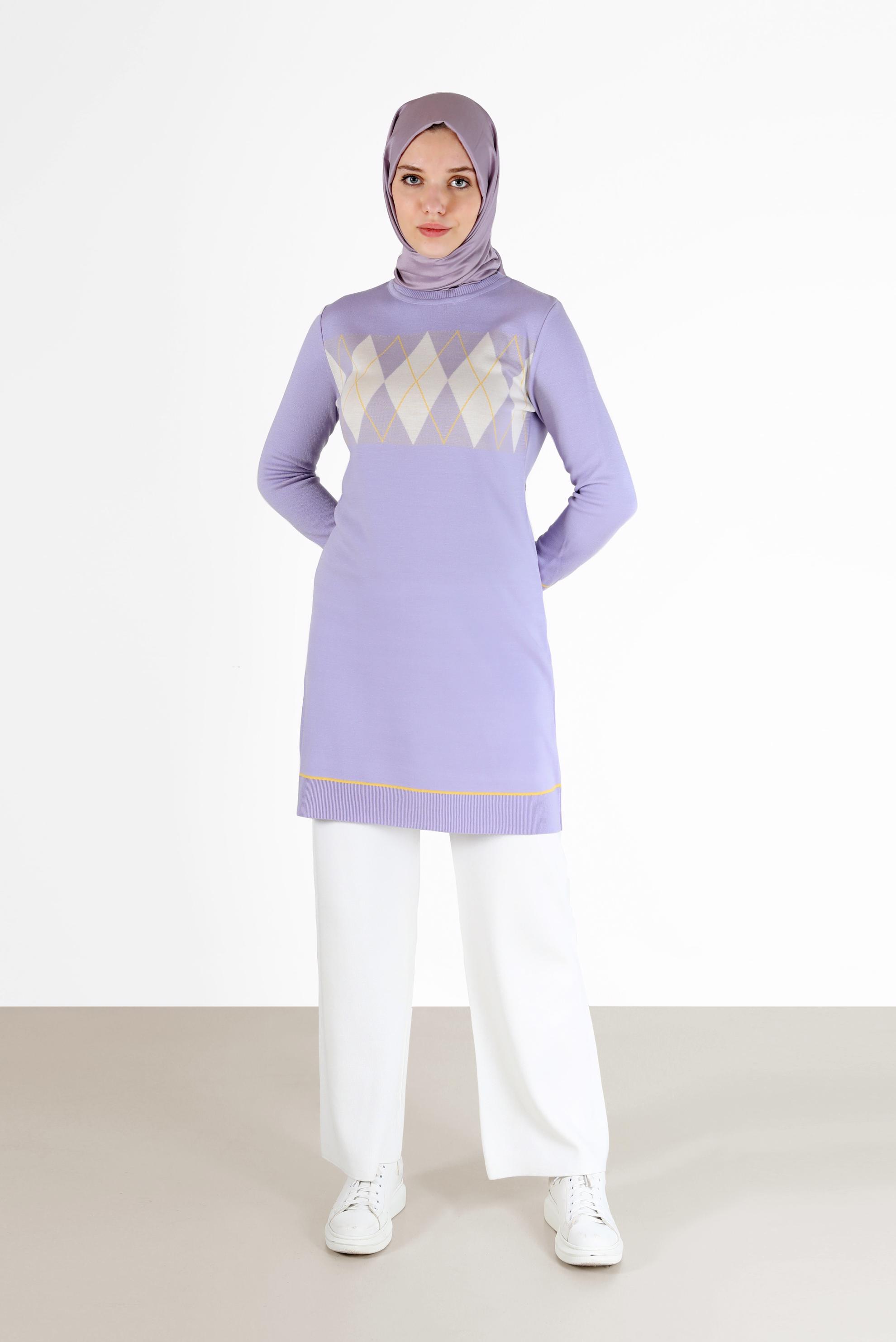 Tesettür giyim MOR BAKLAVA DESEN DETAYLI TRİKO TUNİK 42020 