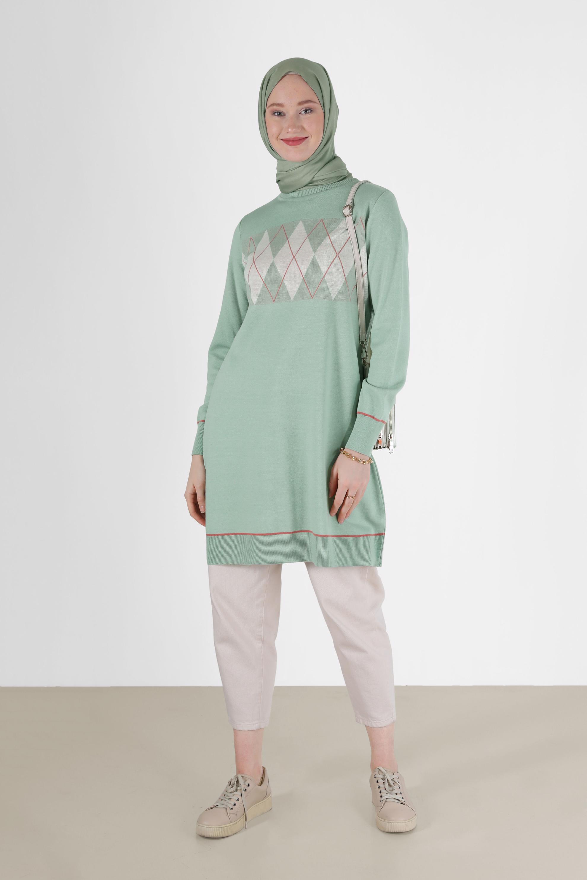 Tesettür giyim YEŞİL BAKLAVA DESEN DETAYLI TRİKO TUNİK 42020 