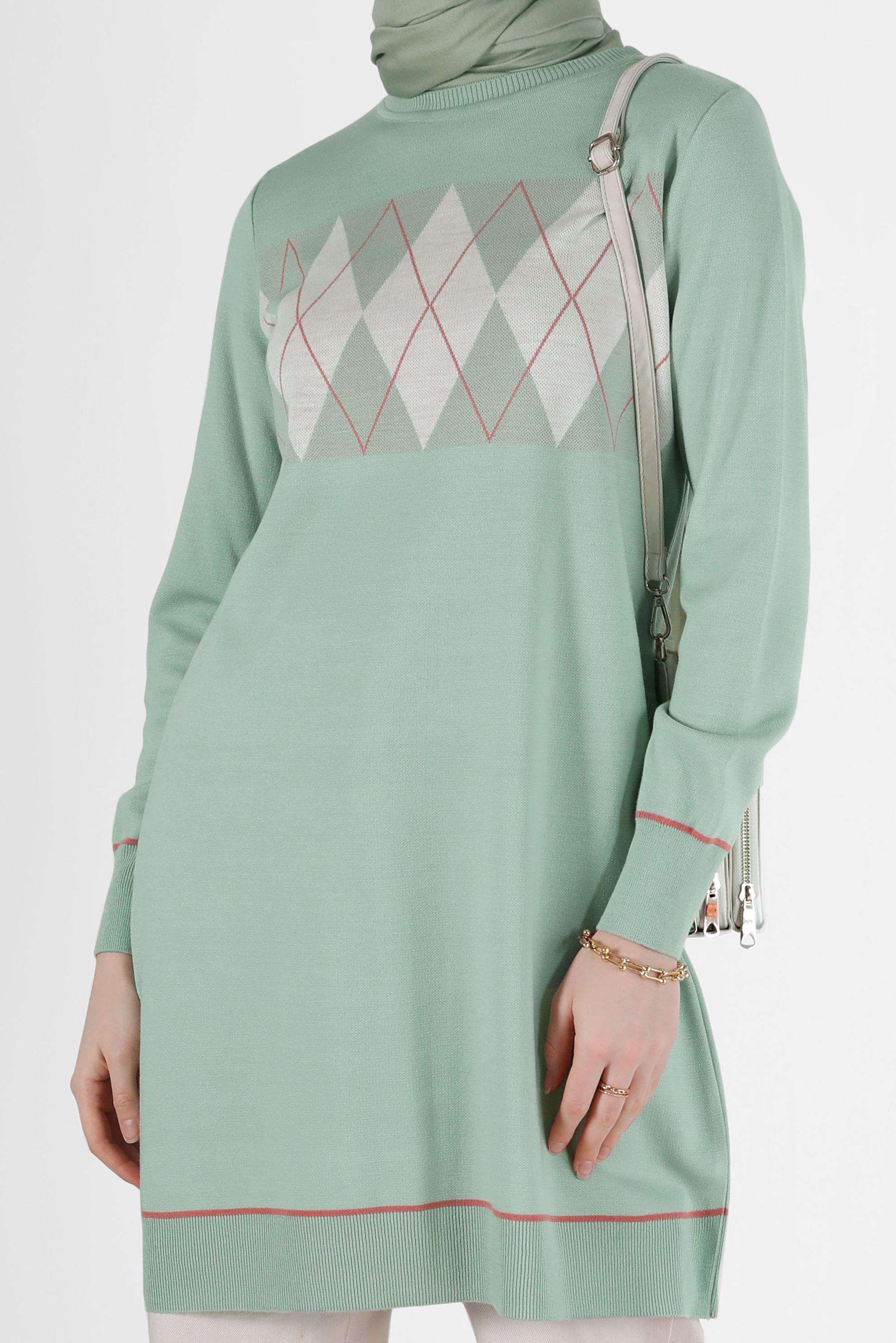 Tesettür giyim YEŞİL BAKLAVA DESEN DETAYLI TRİKO TUNİK 42020 