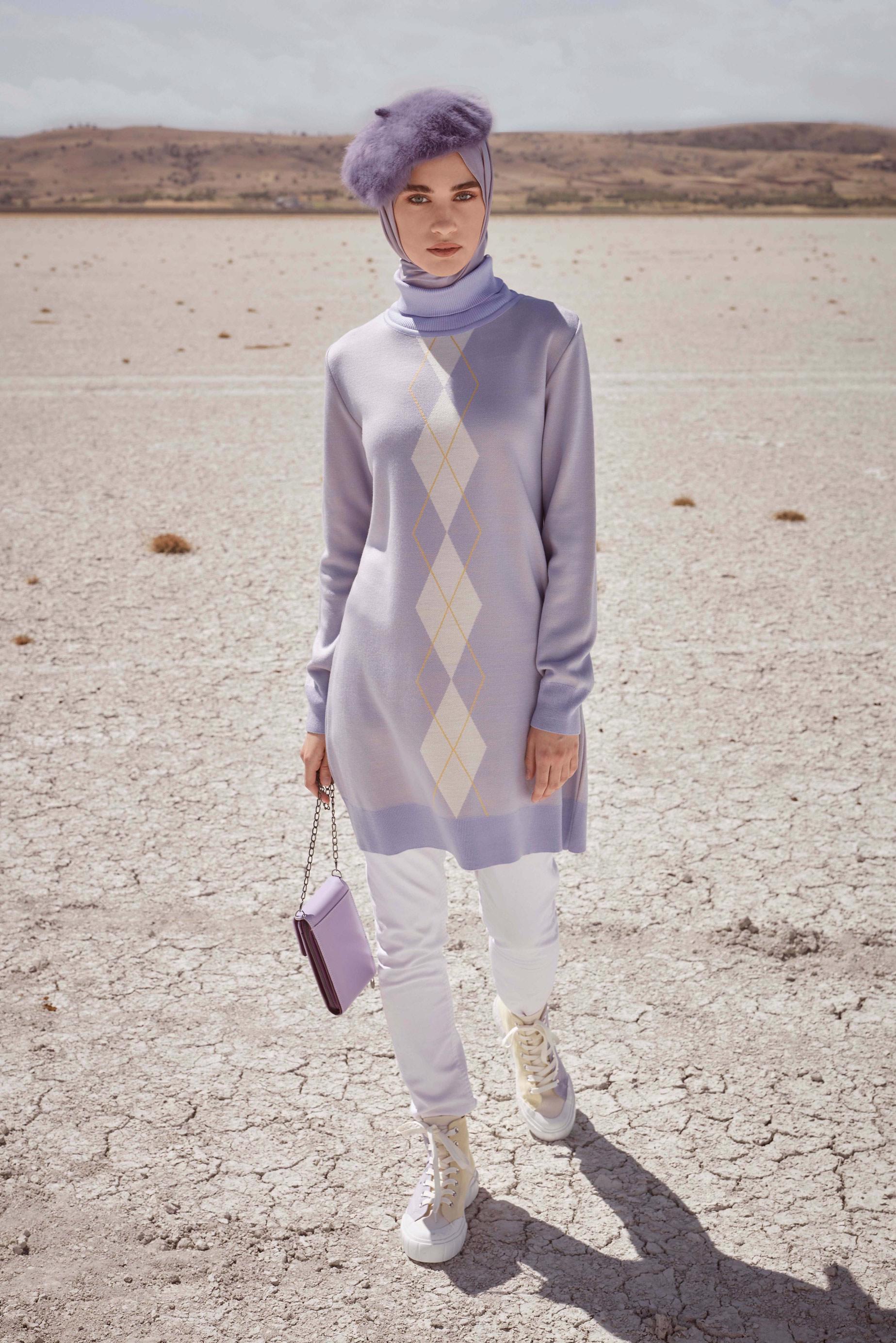 Tesettür giyim MOR BAKLAVA DESENLİ TRİKO TUNİK 42021 