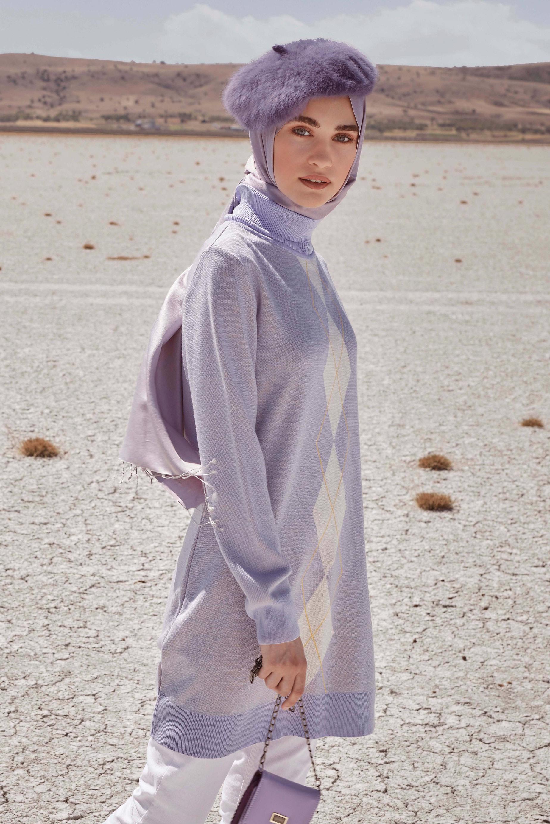 Tesettür giyim MOR BAKLAVA DESENLİ TRİKO TUNİK 42021 