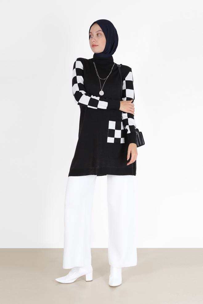 Hijab clothing  CHECK DETAIL KNITWEAR SWEATER WITH POCKET 42022  - ALVİNA