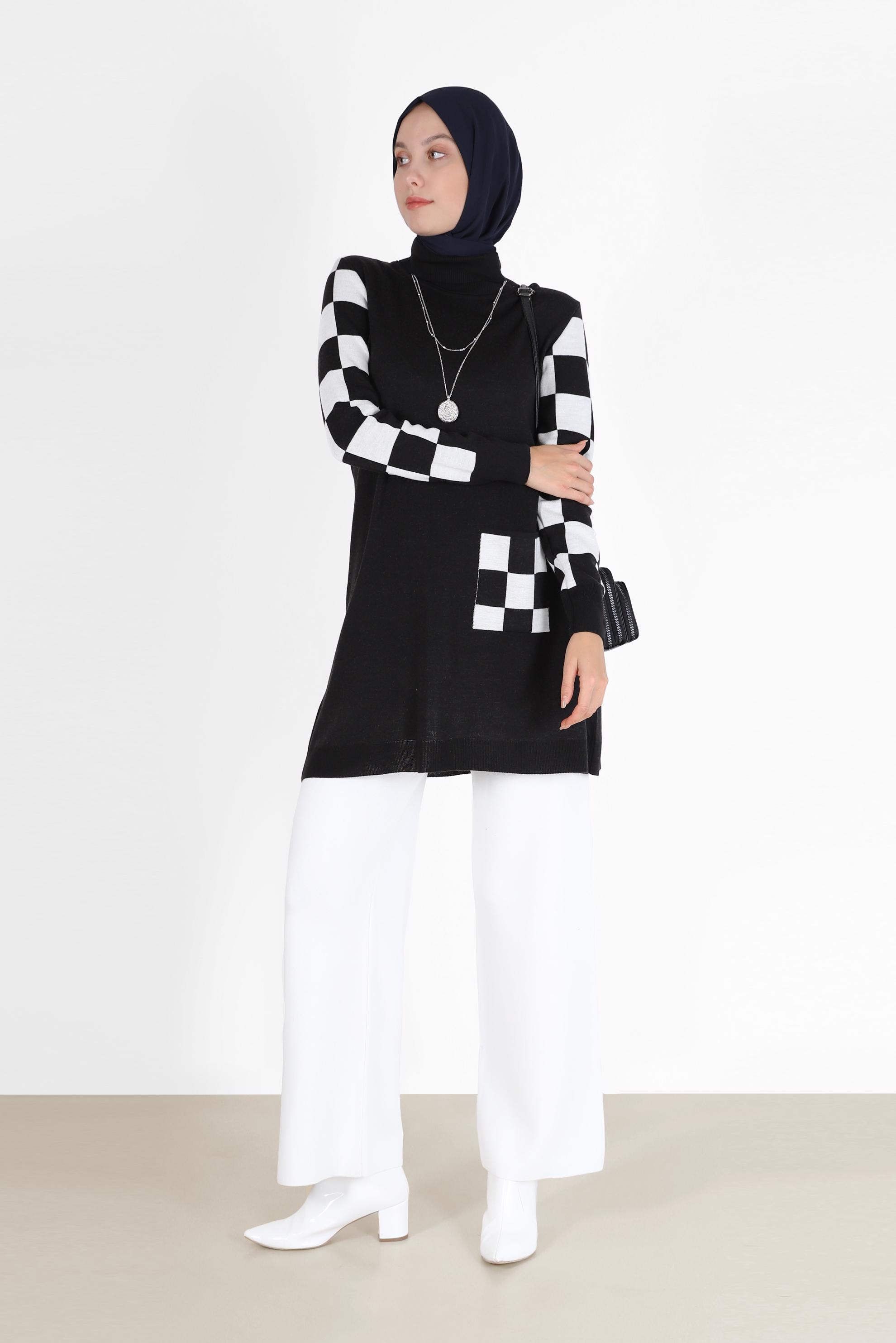 Hijab clothing BLACK CHECK DETAIL KNITWEAR SWEATER WITH POCKET 42022 