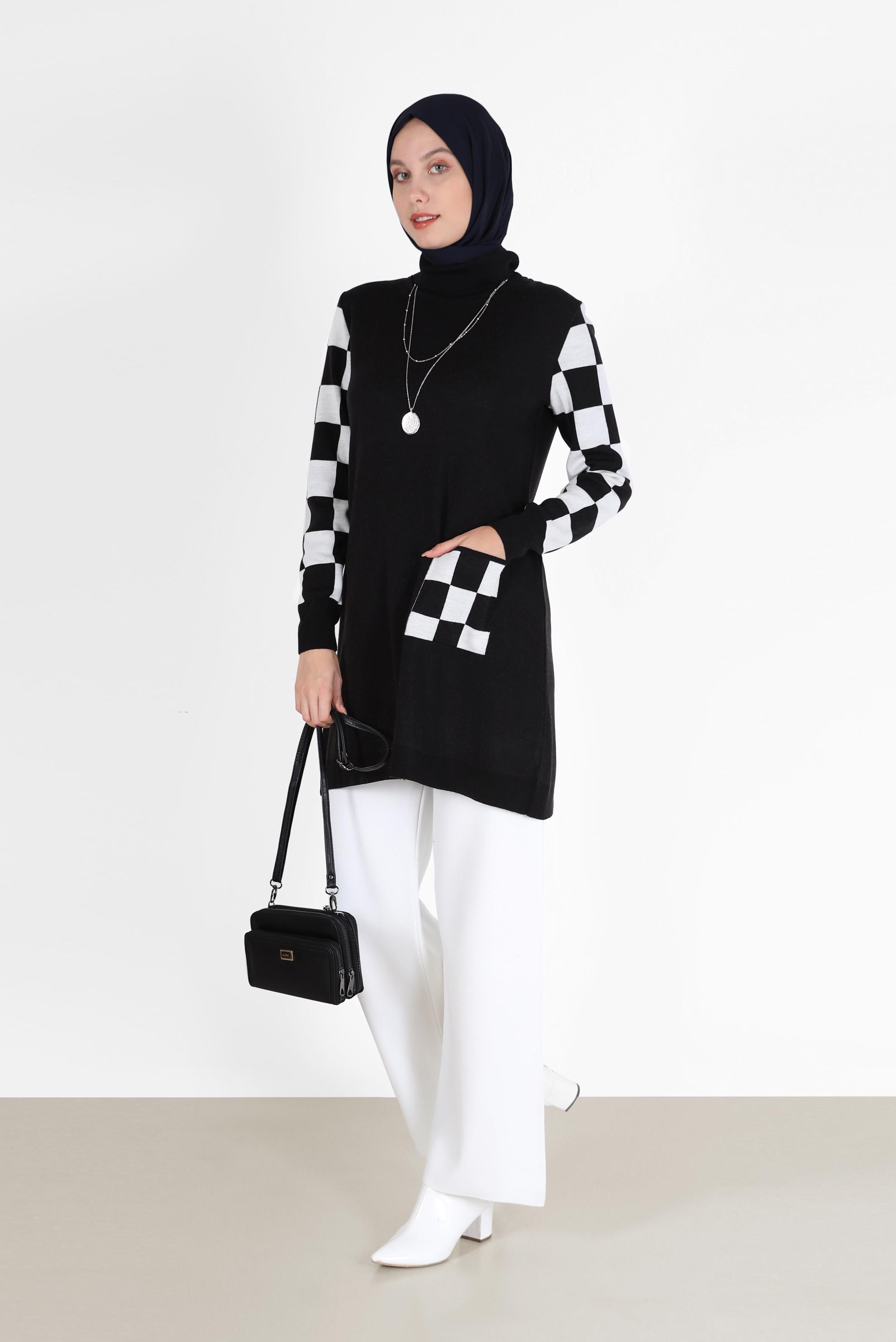 Hijab clothing BLACK CHECK DETAIL KNITWEAR SWEATER WITH POCKET 42022 