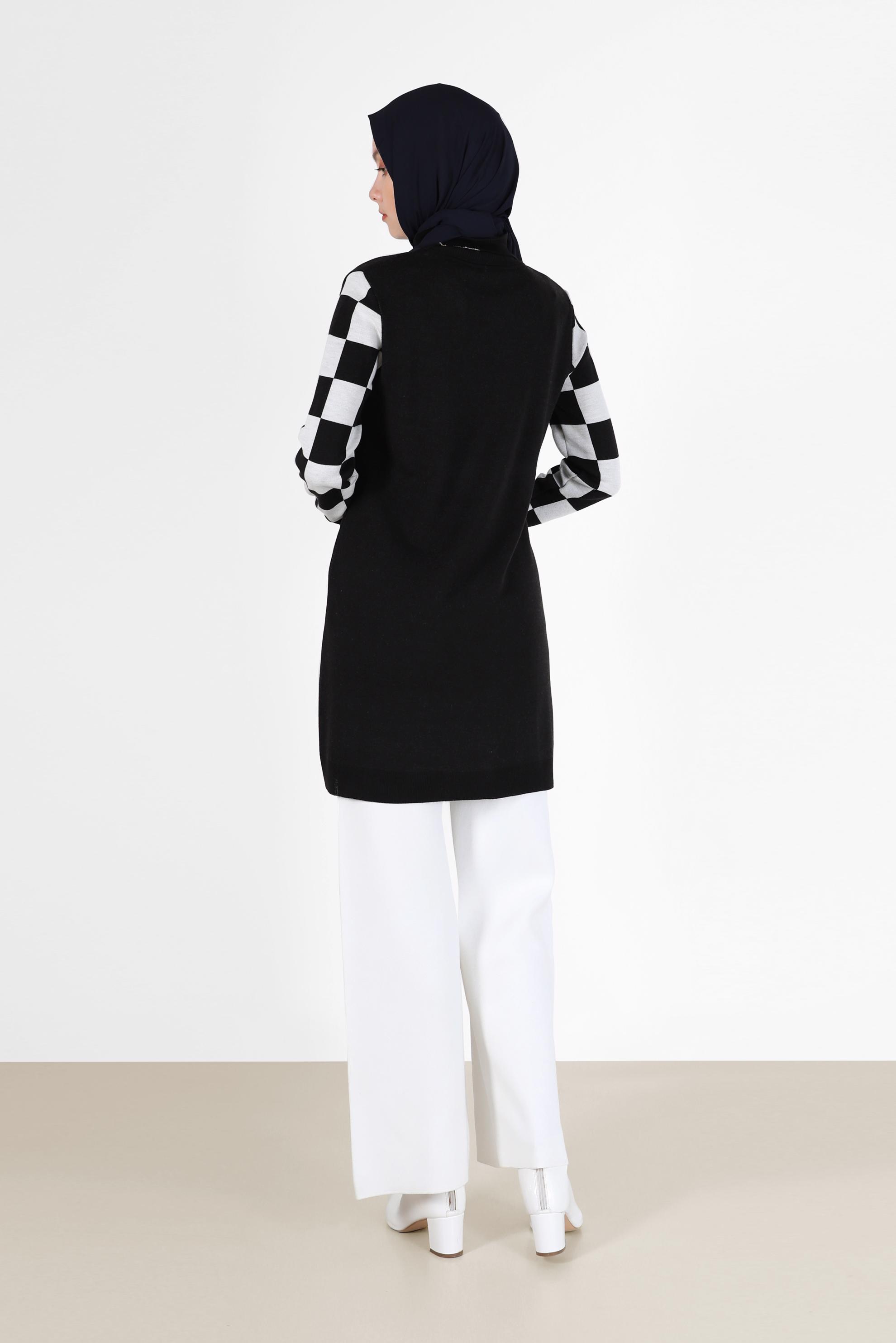 Hijab clothing BLACK CHECK DETAIL KNITWEAR SWEATER WITH POCKET 42022 