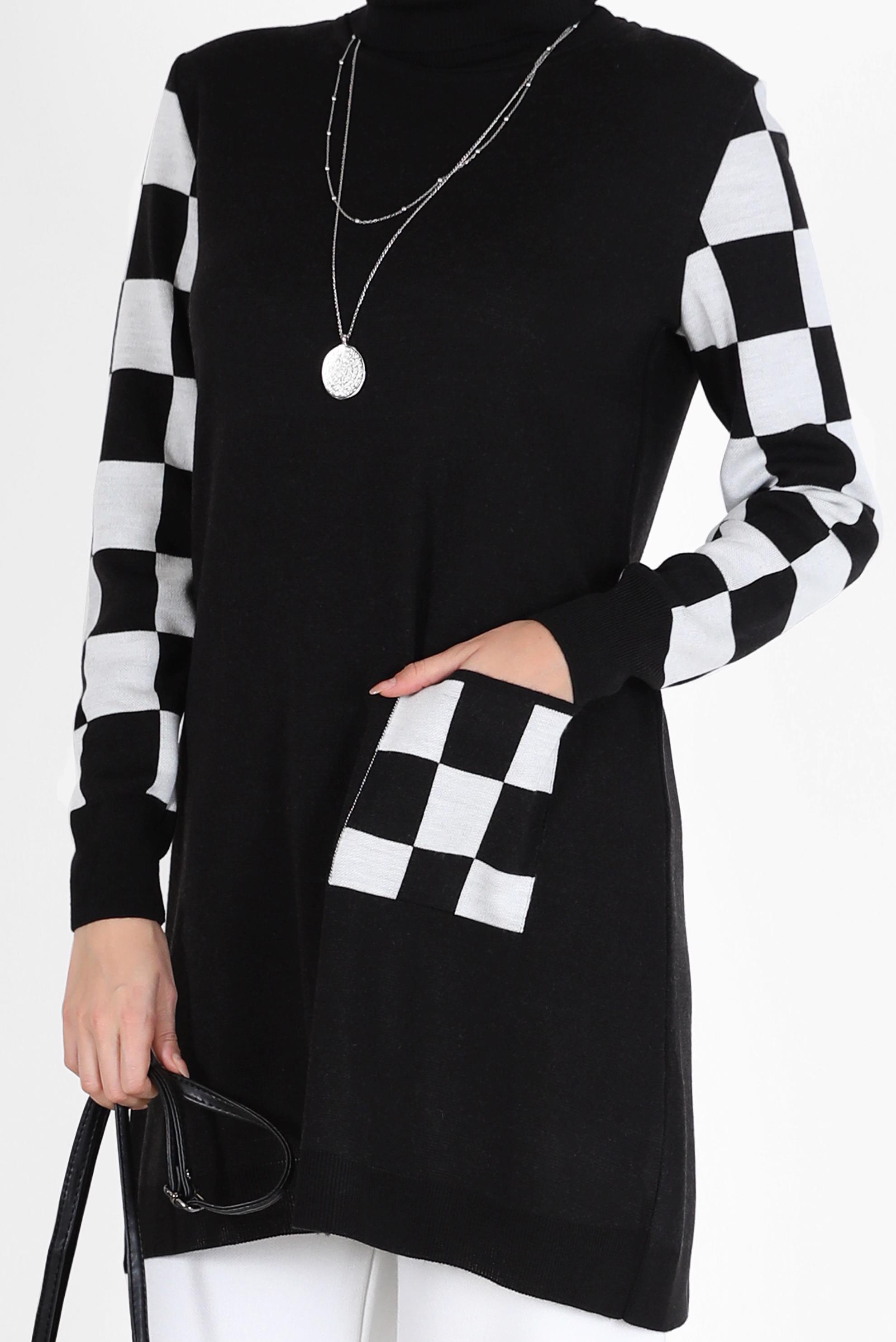 Hijab clothing BLACK CHECK DETAIL KNITWEAR SWEATER WITH POCKET 42022 