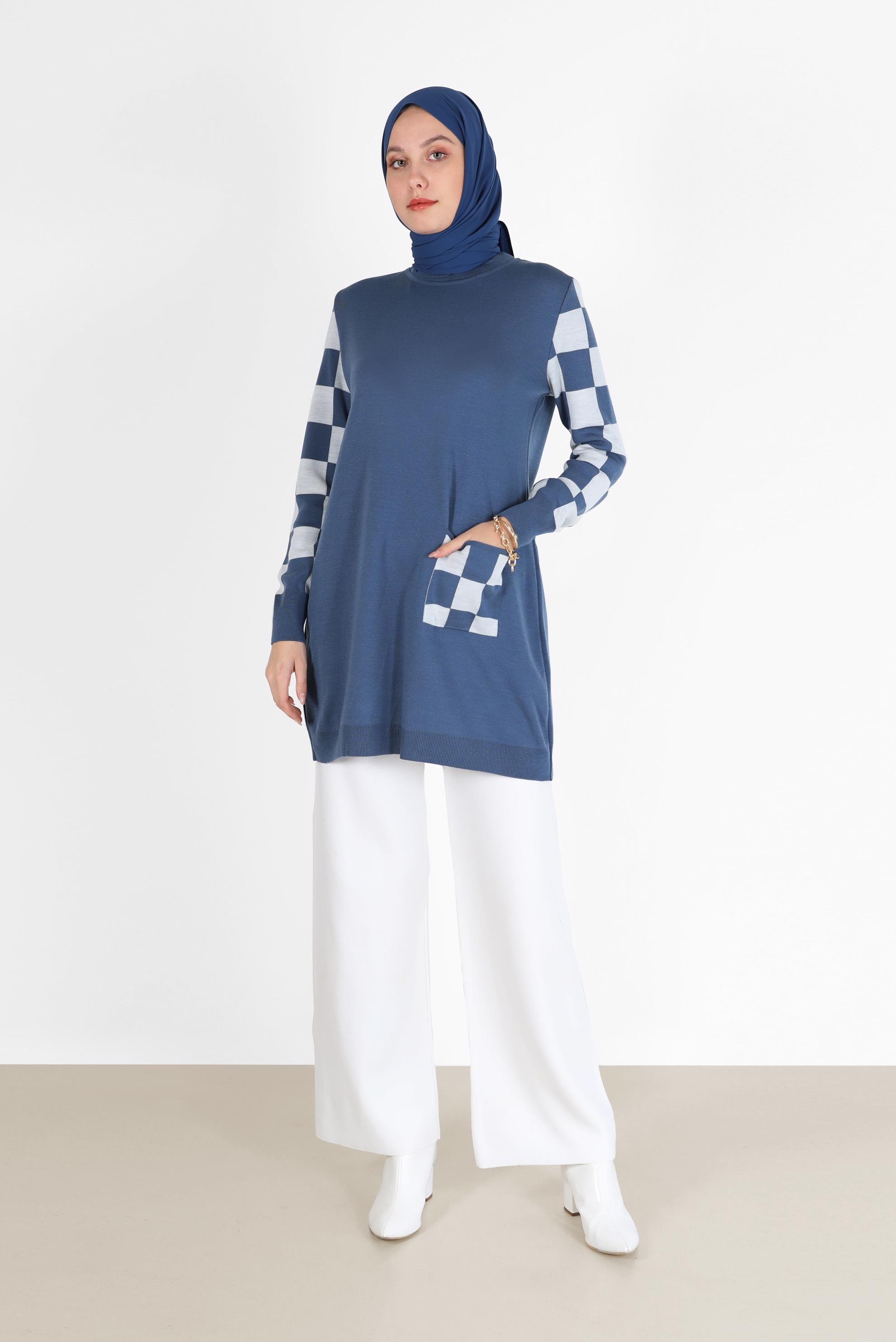 Hijab clothing NAVY BLUE CHECK DETAIL KNITWEAR SWEATER WITH POCKET 42022 