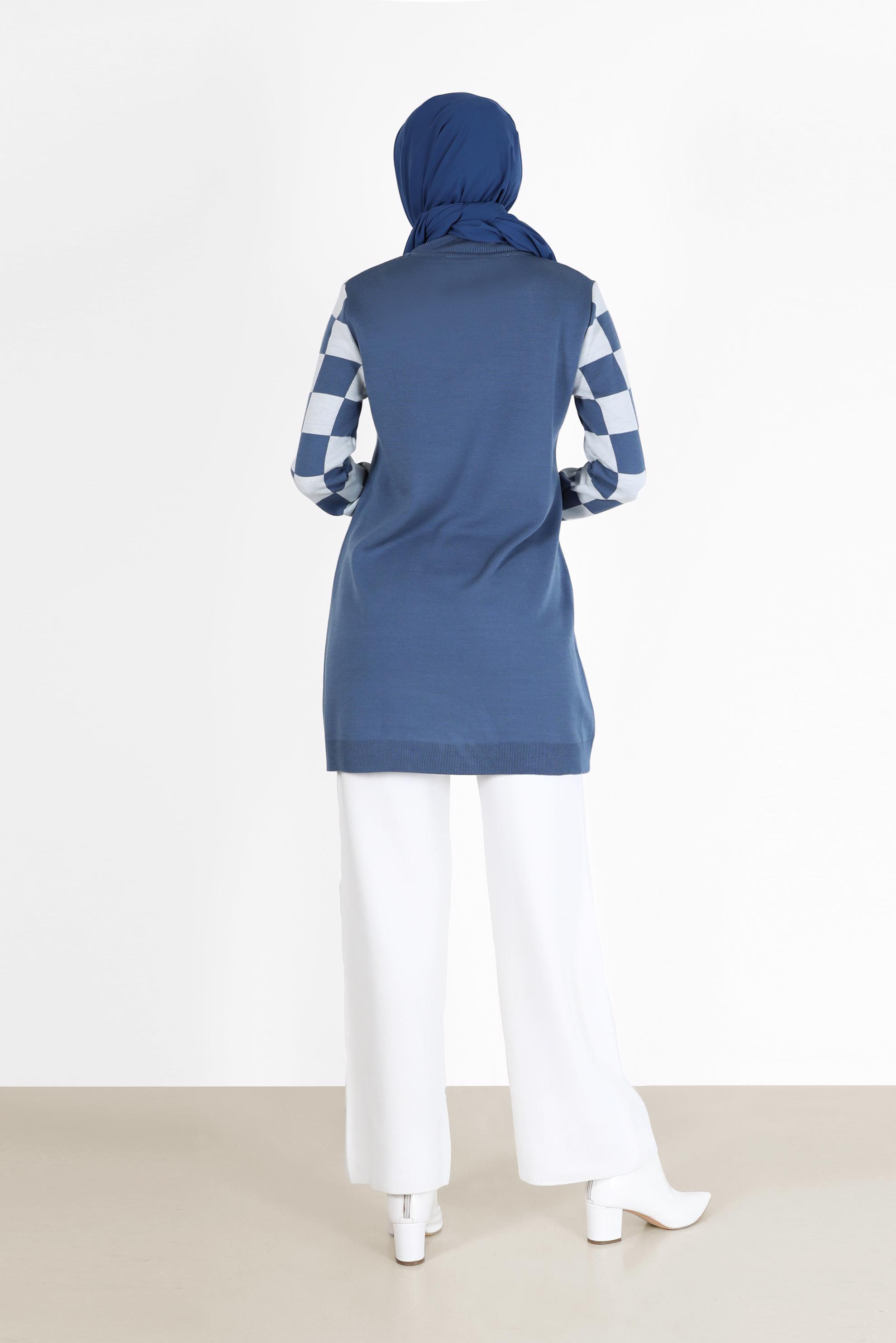 Hijab clothing NAVY BLUE CHECK DETAIL KNITWEAR SWEATER WITH POCKET 42022 