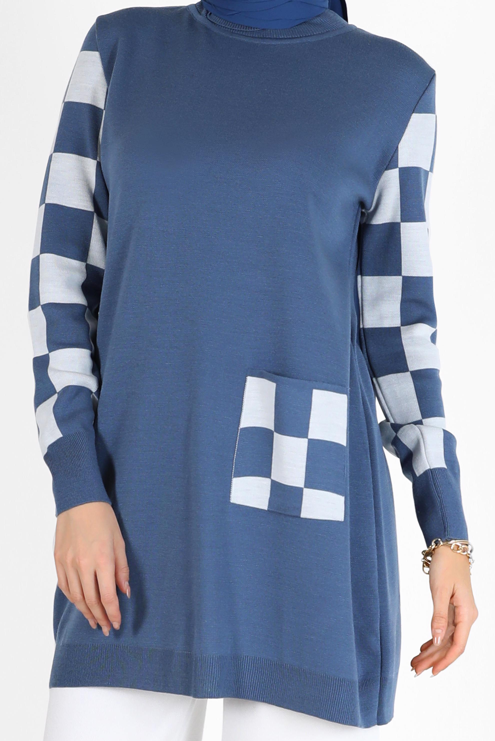 Hijab clothing NAVY BLUE CHECK DETAIL KNITWEAR SWEATER WITH POCKET 42022 