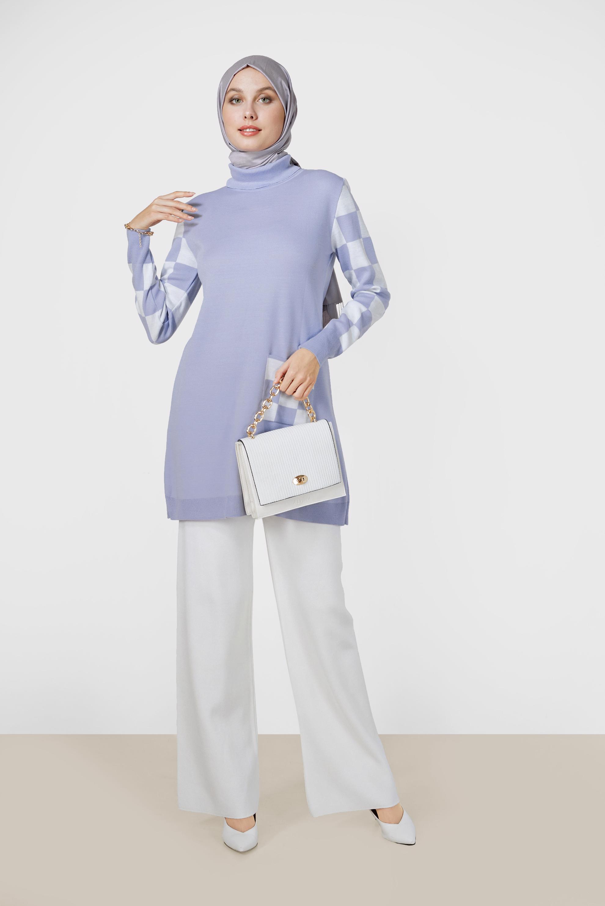 Hijab clothing PURPLE CHECK DETAIL KNITWEAR SWEATER WITH POCKET 42022 