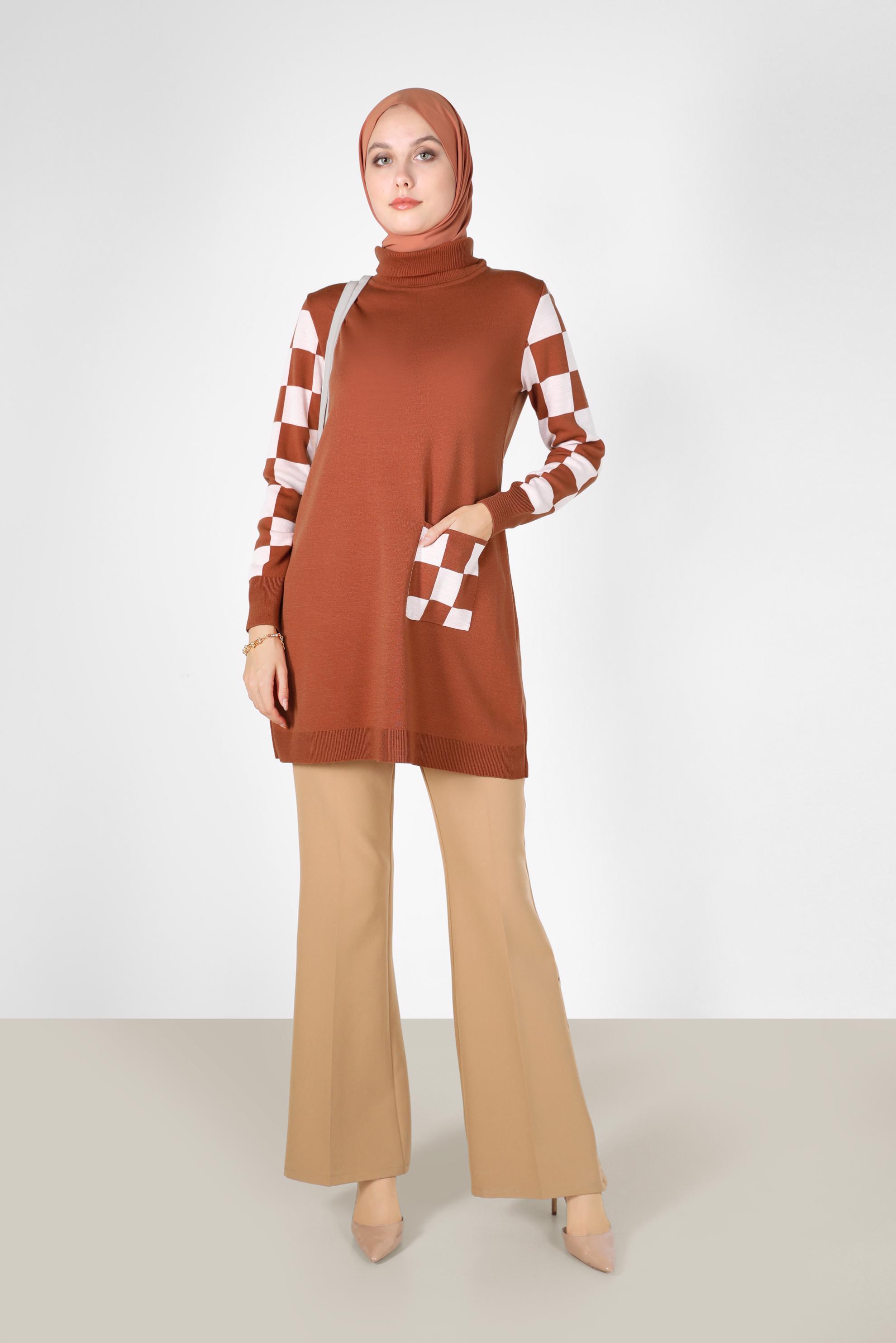 Tesettür giyim TURUNCU KARE DESENLİ CEPLİ TRİKO TUNİK 42022 