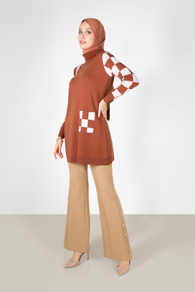 Tesettür giyim TURUNCU KARE DESENLİ CEPLİ TRİKO TUNİK 42022  - ALVİNA