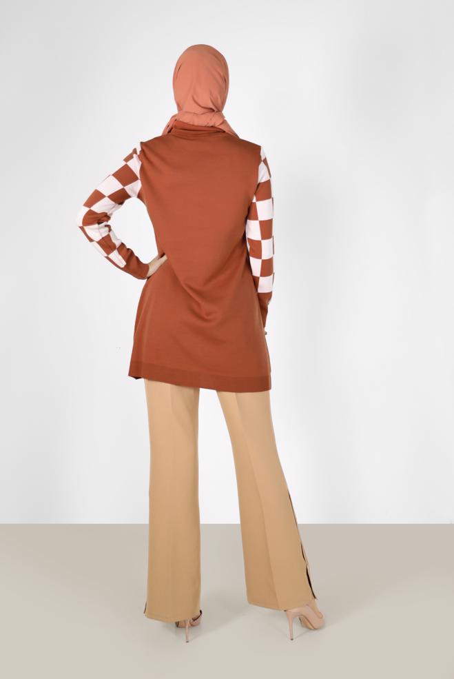 Tesettür giyim TURUNCU KARE DESENLİ CEPLİ TRİKO TUNİK 42022  - ALVİNA