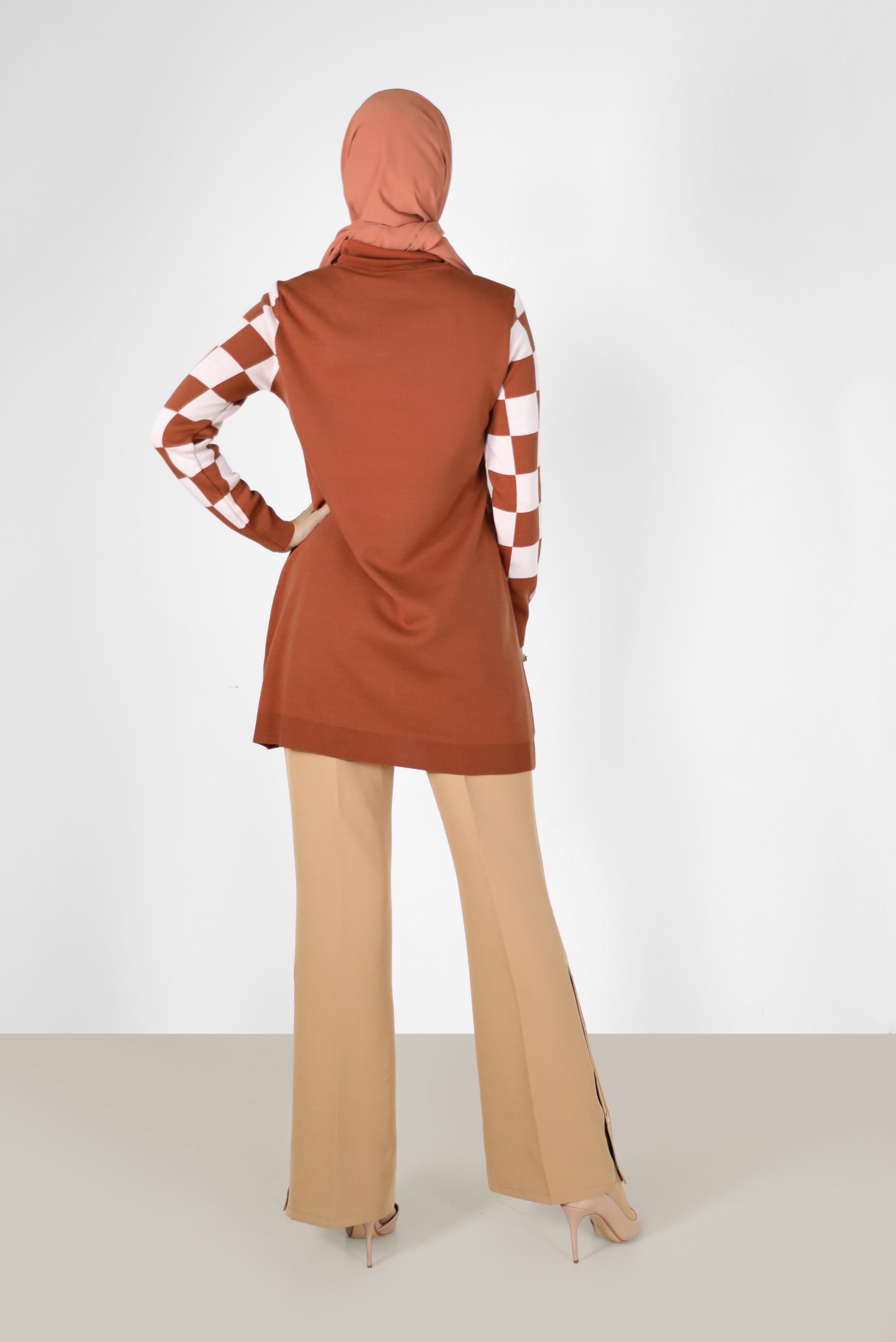 Tesettür giyim TURUNCU KARE DESENLİ CEPLİ TRİKO TUNİK 42022 