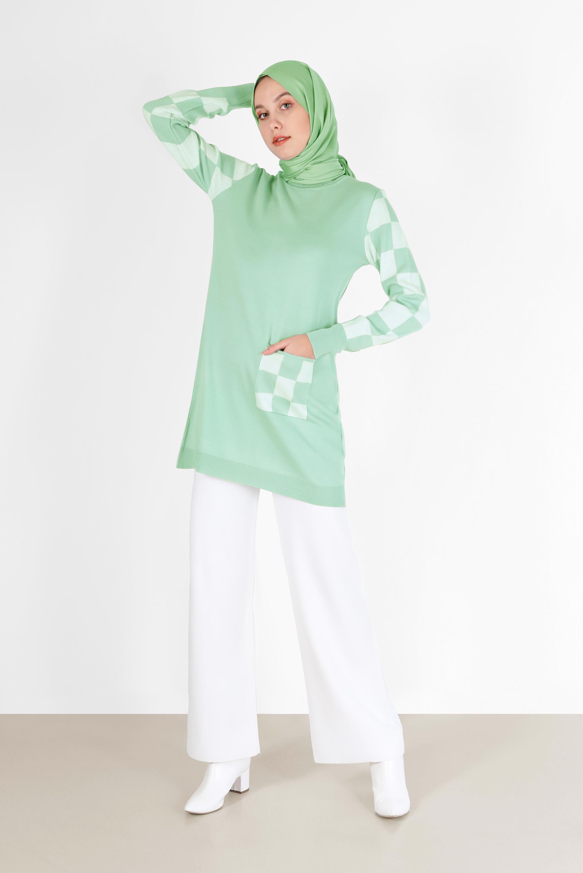 Hijab clothing GREEN CHECK DETAIL KNITWEAR SWEATER WITH POCKET 42022 