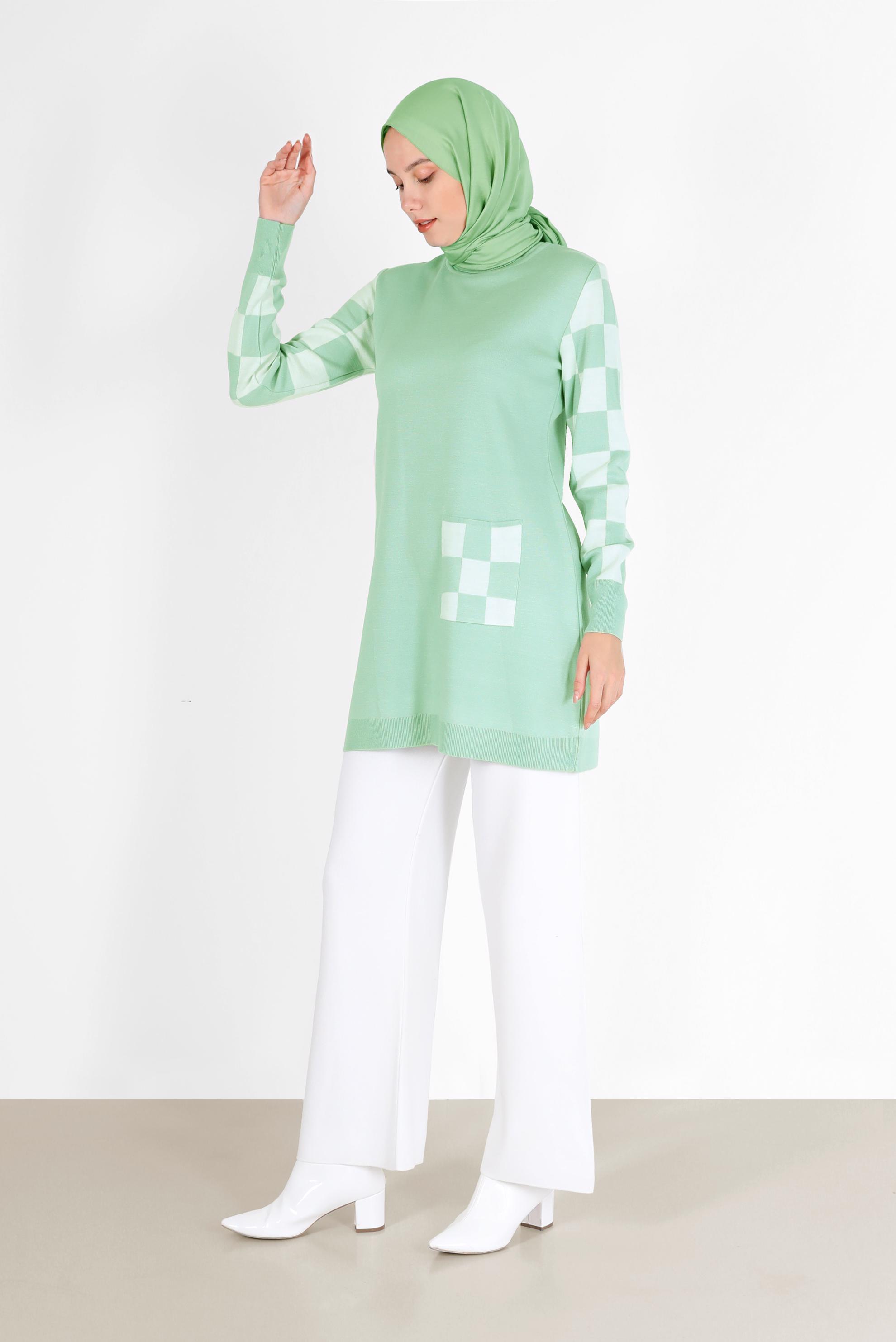 Hijab clothing GREEN CHECK DETAIL KNITWEAR SWEATER WITH POCKET 42022 