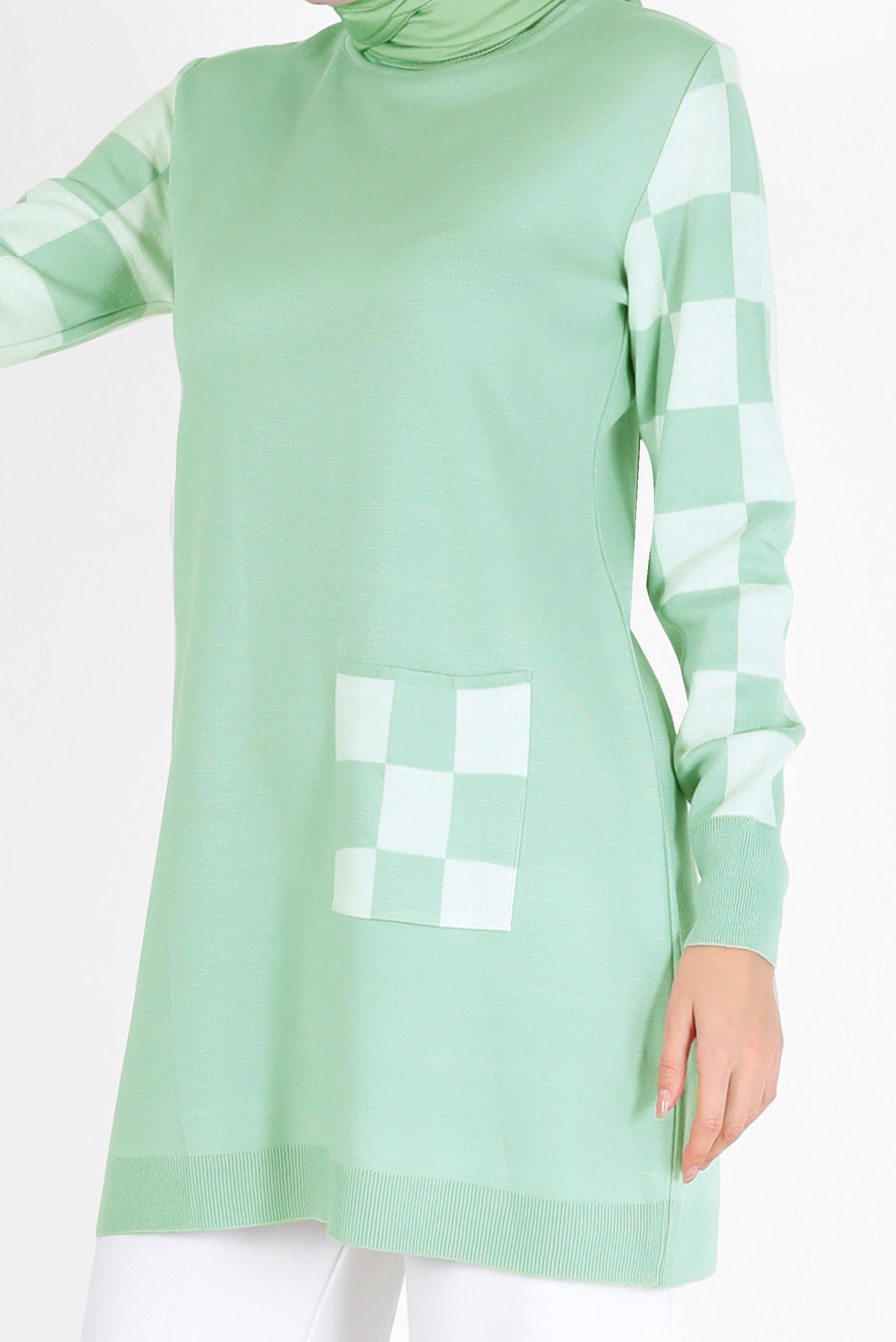 Hijab clothing GREEN CHECK DETAIL KNITWEAR SWEATER WITH POCKET 42022 