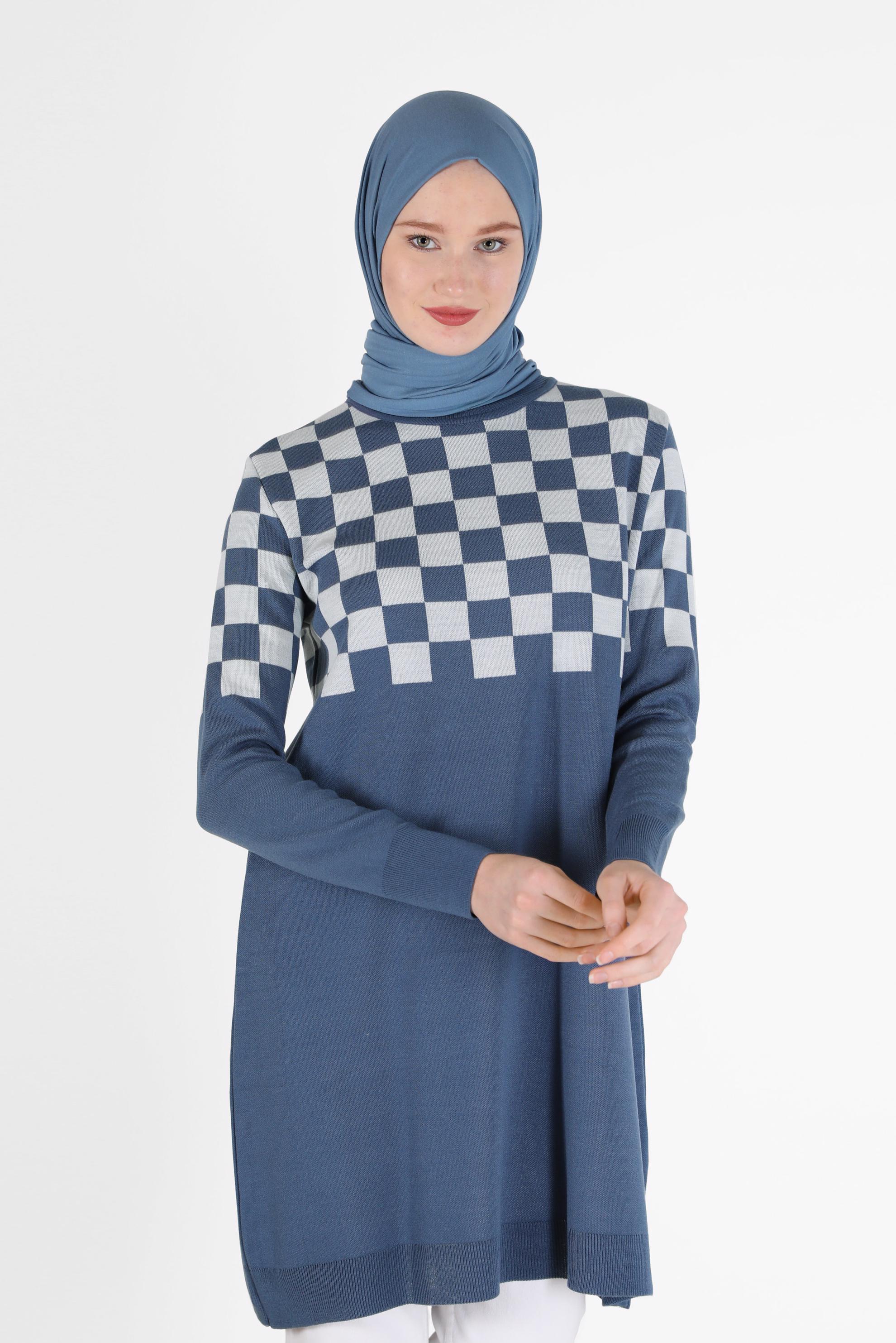 Tesettür giyim LACİVERT KARE DESENLİ TRİKO TUNİK 42023 