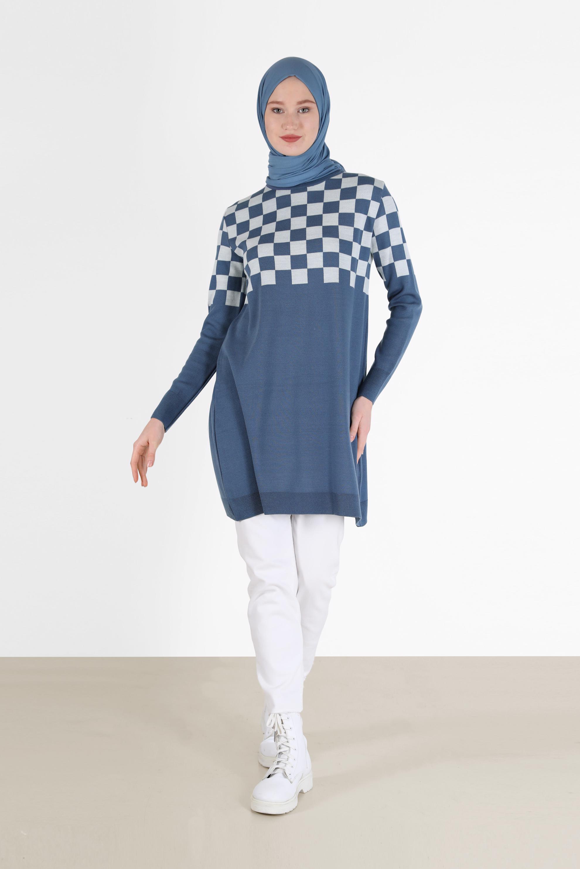 Tesettür giyim LACİVERT KARE DESENLİ TRİKO TUNİK 42023 