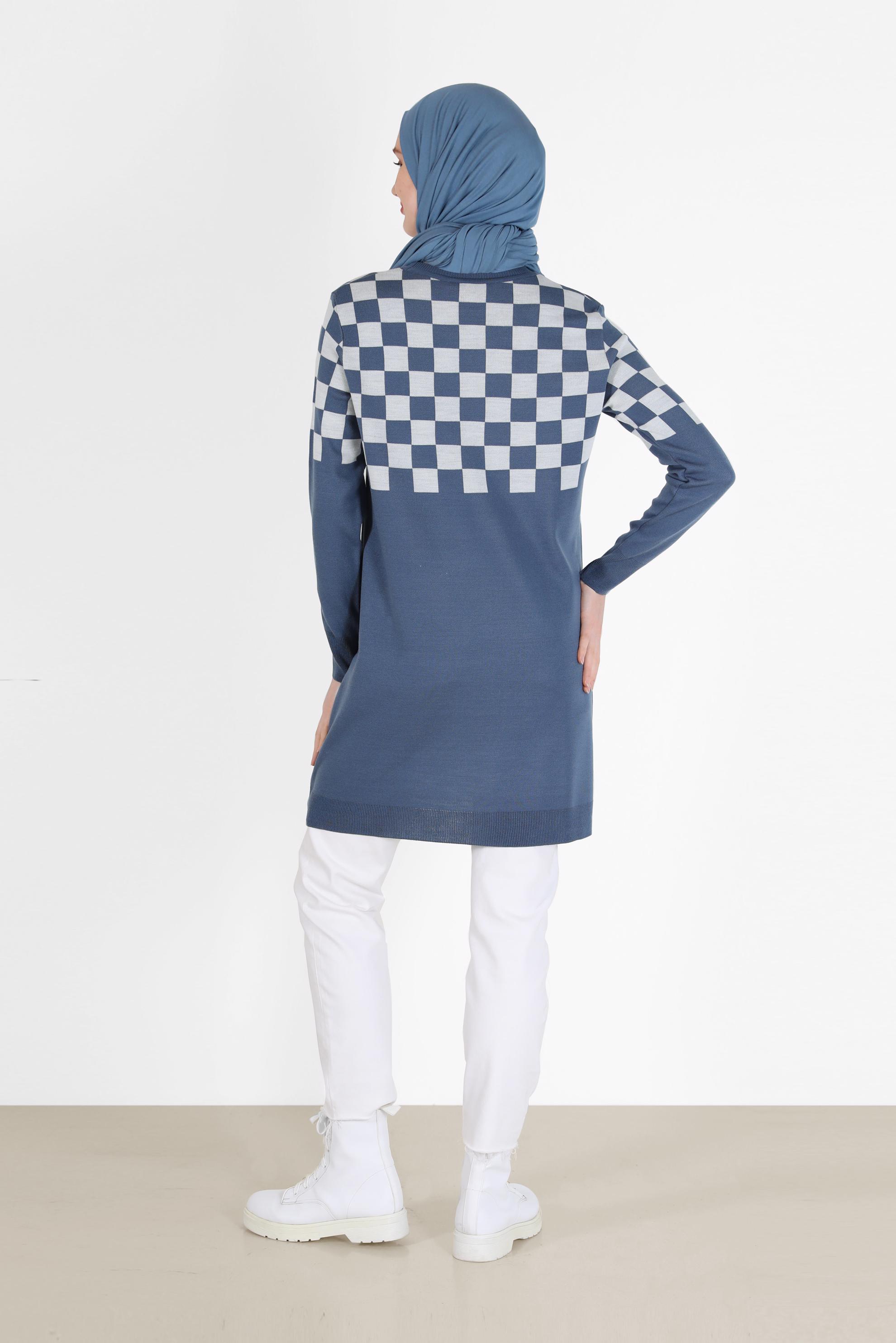 Tesettür giyim LACİVERT KARE DESENLİ TRİKO TUNİK 42023 