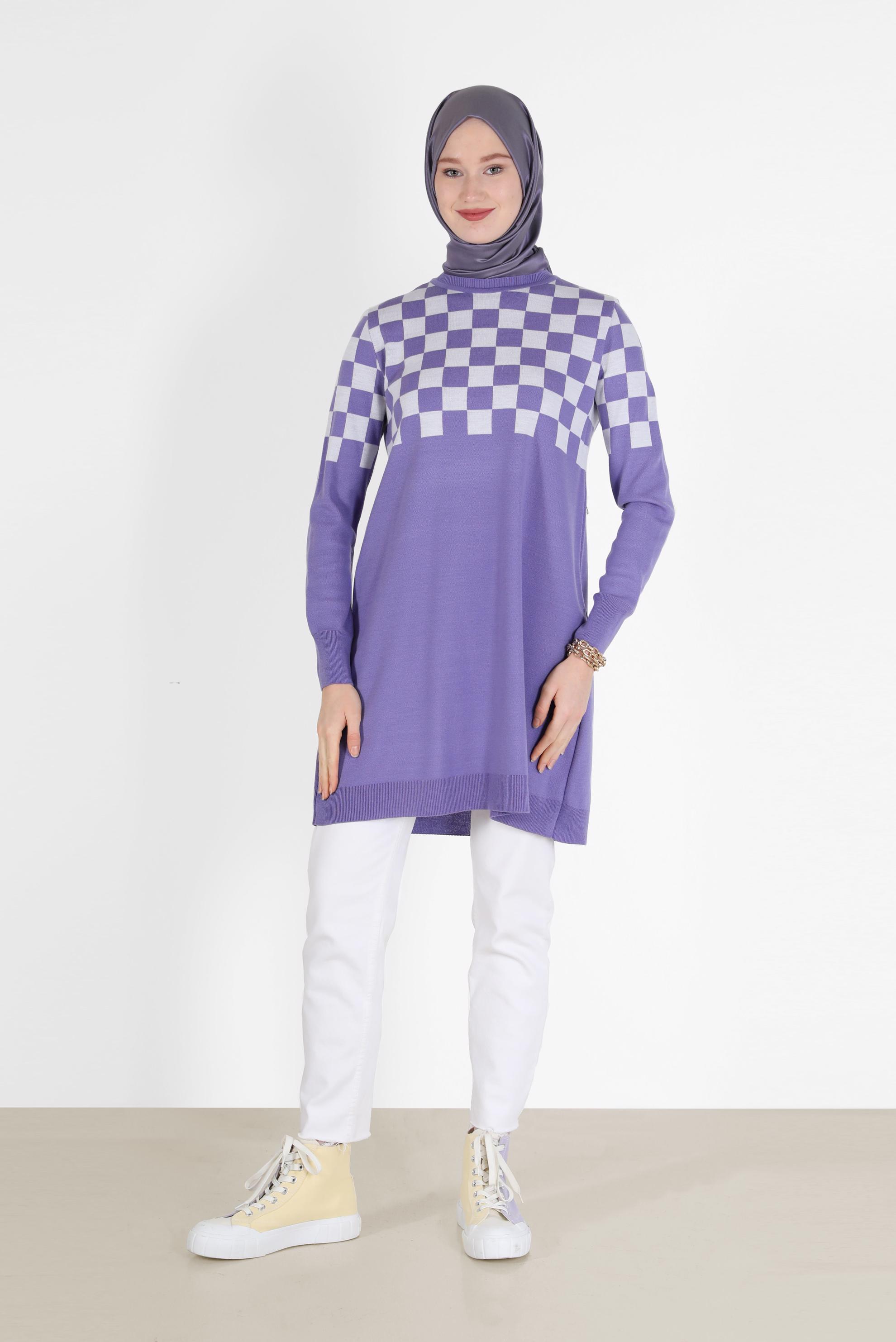 Tesettür giyim MOR KARE DESENLİ TRİKO TUNİK 42023 