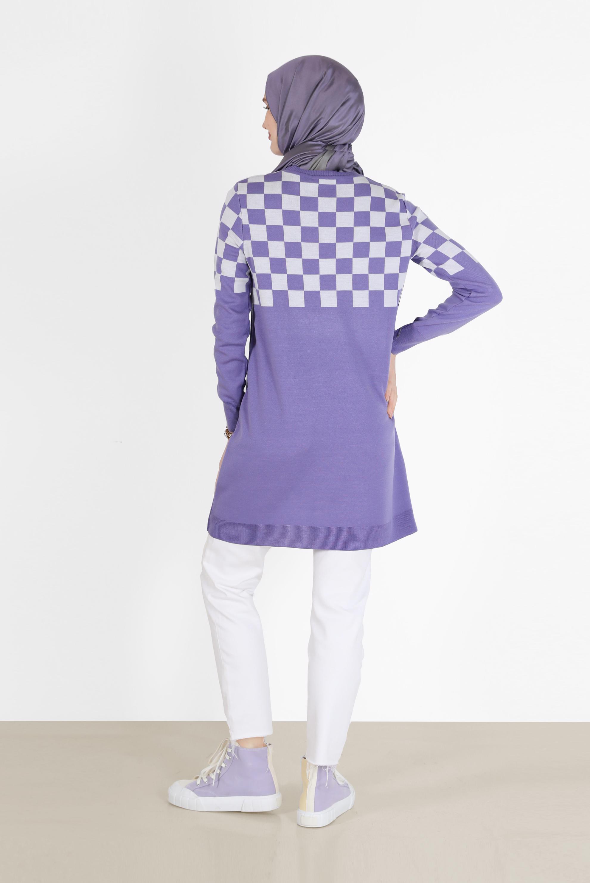 Tesettür giyim MOR KARE DESENLİ TRİKO TUNİK 42023 