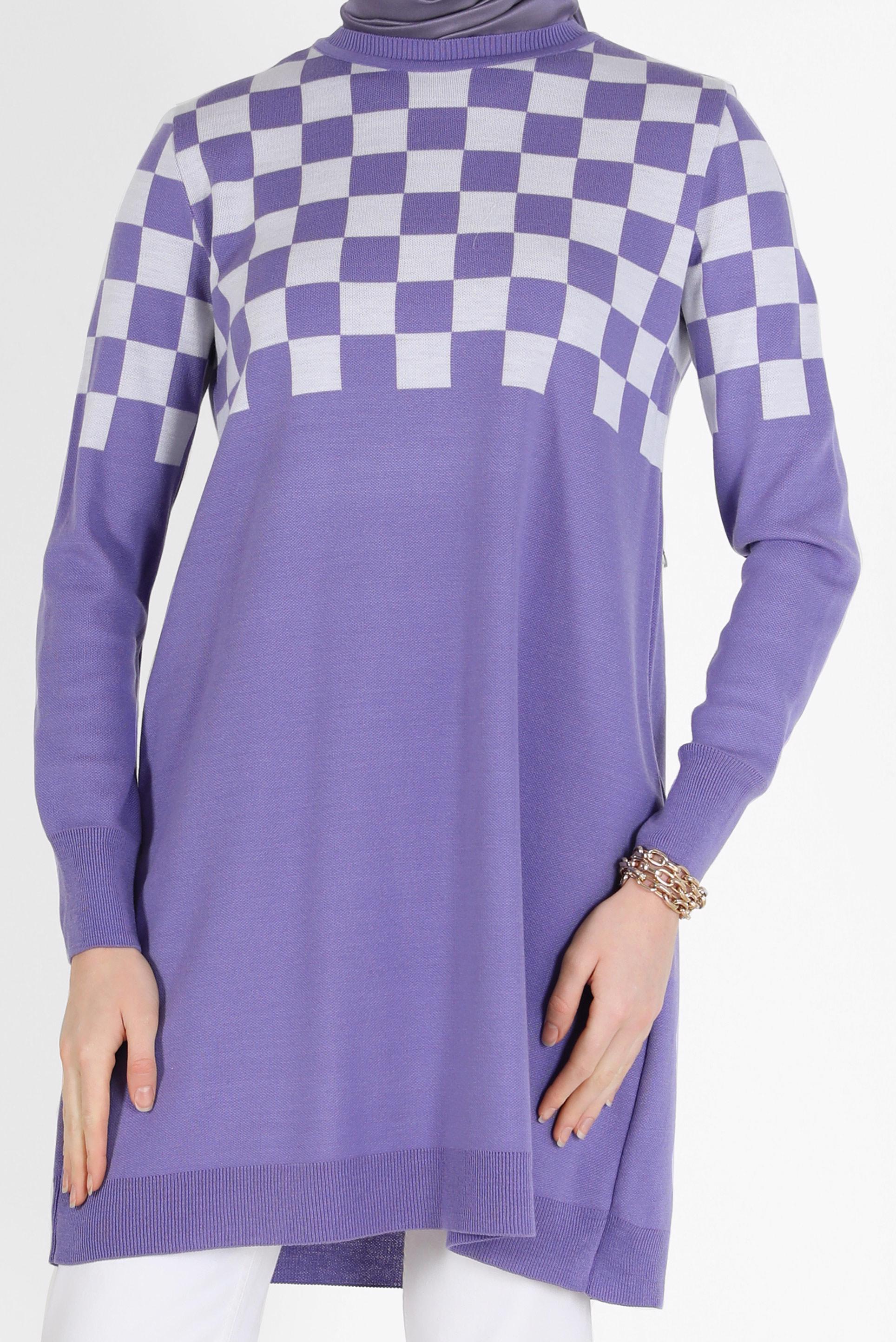 Tesettür giyim MOR KARE DESENLİ TRİKO TUNİK 42023 