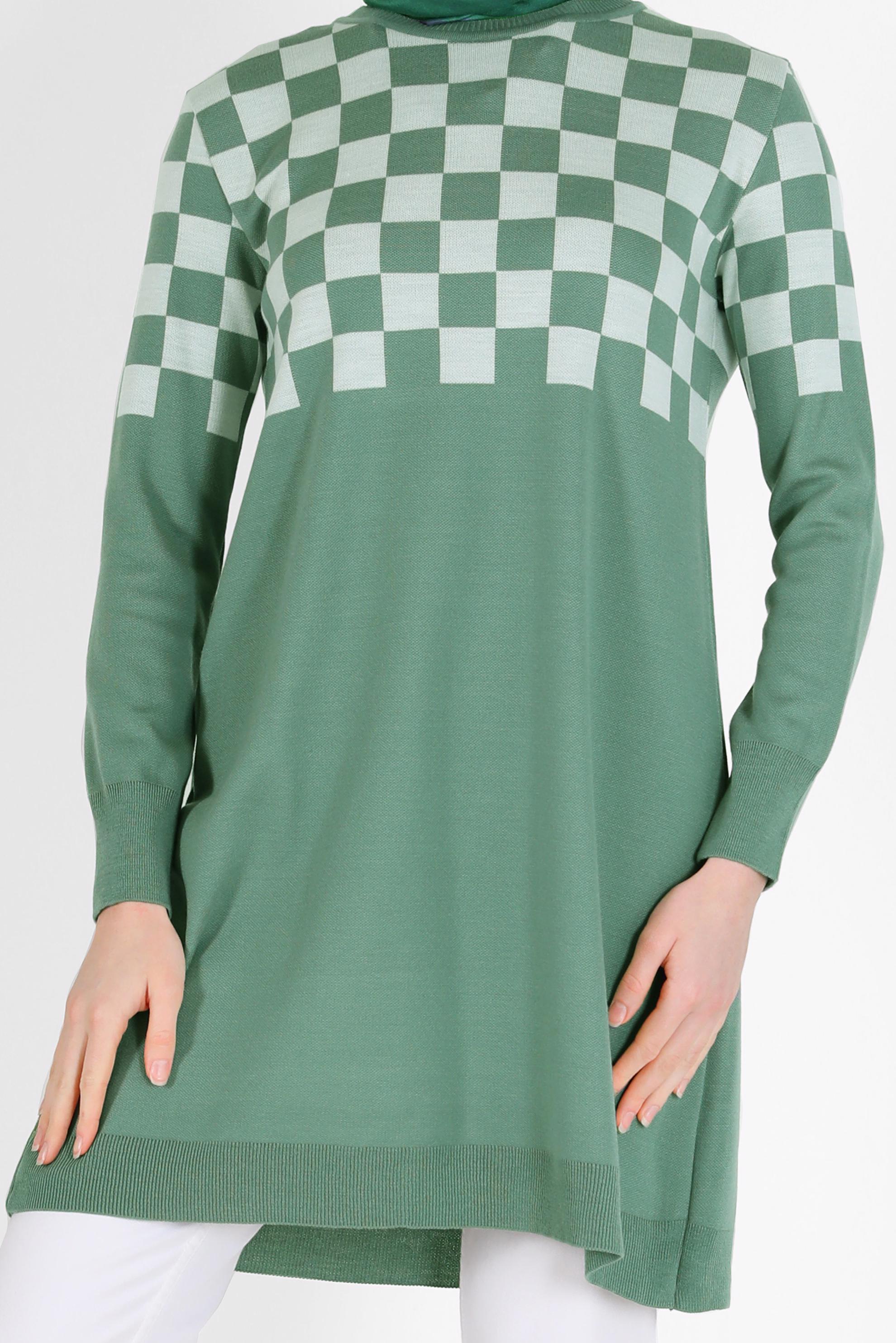 Tesettür giyim YEŞİL KARE DESENLİ TRİKO TUNİK 42023 