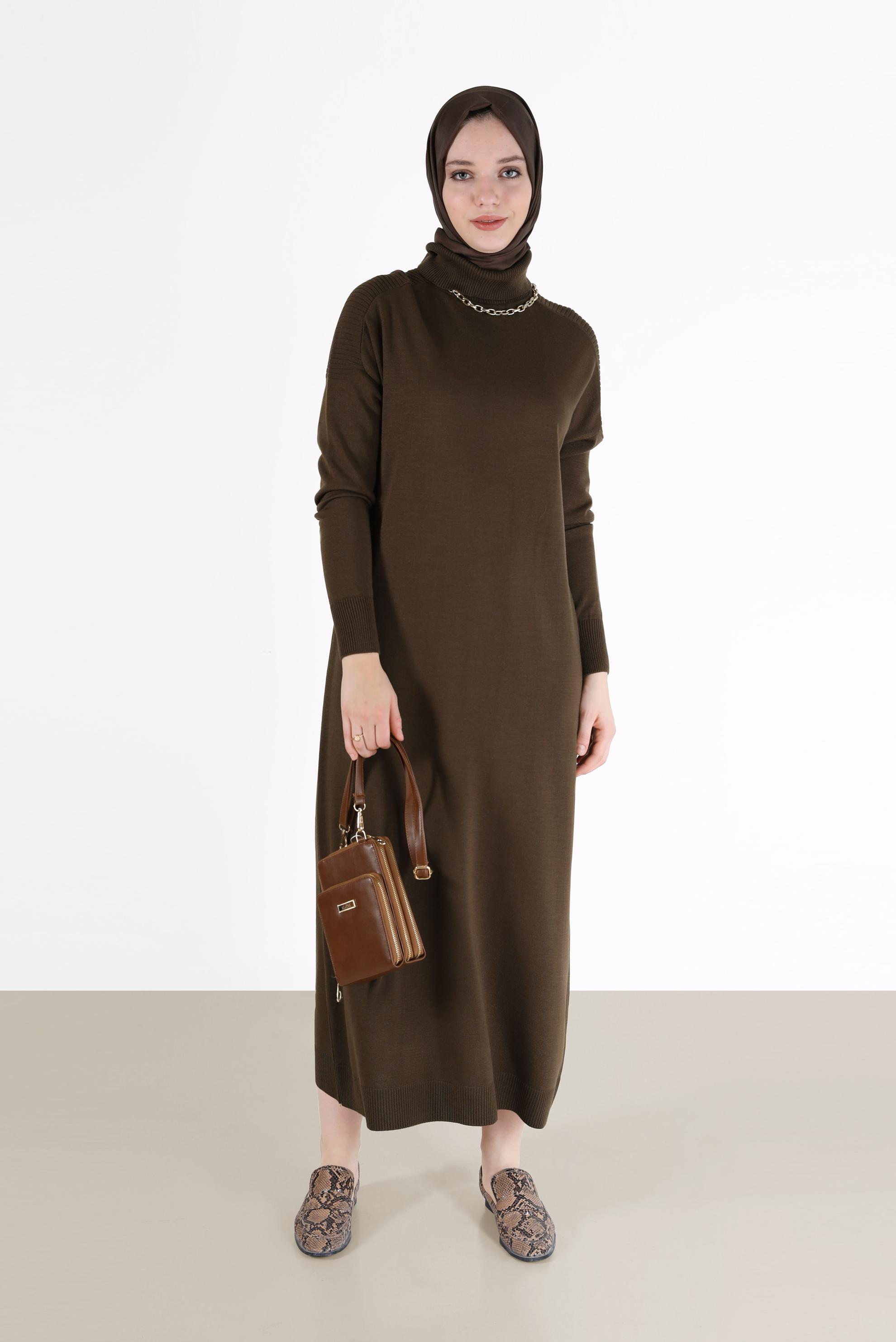 Tesettür giyim KAHVE BASIC TRİKO ELBİSE 42025 