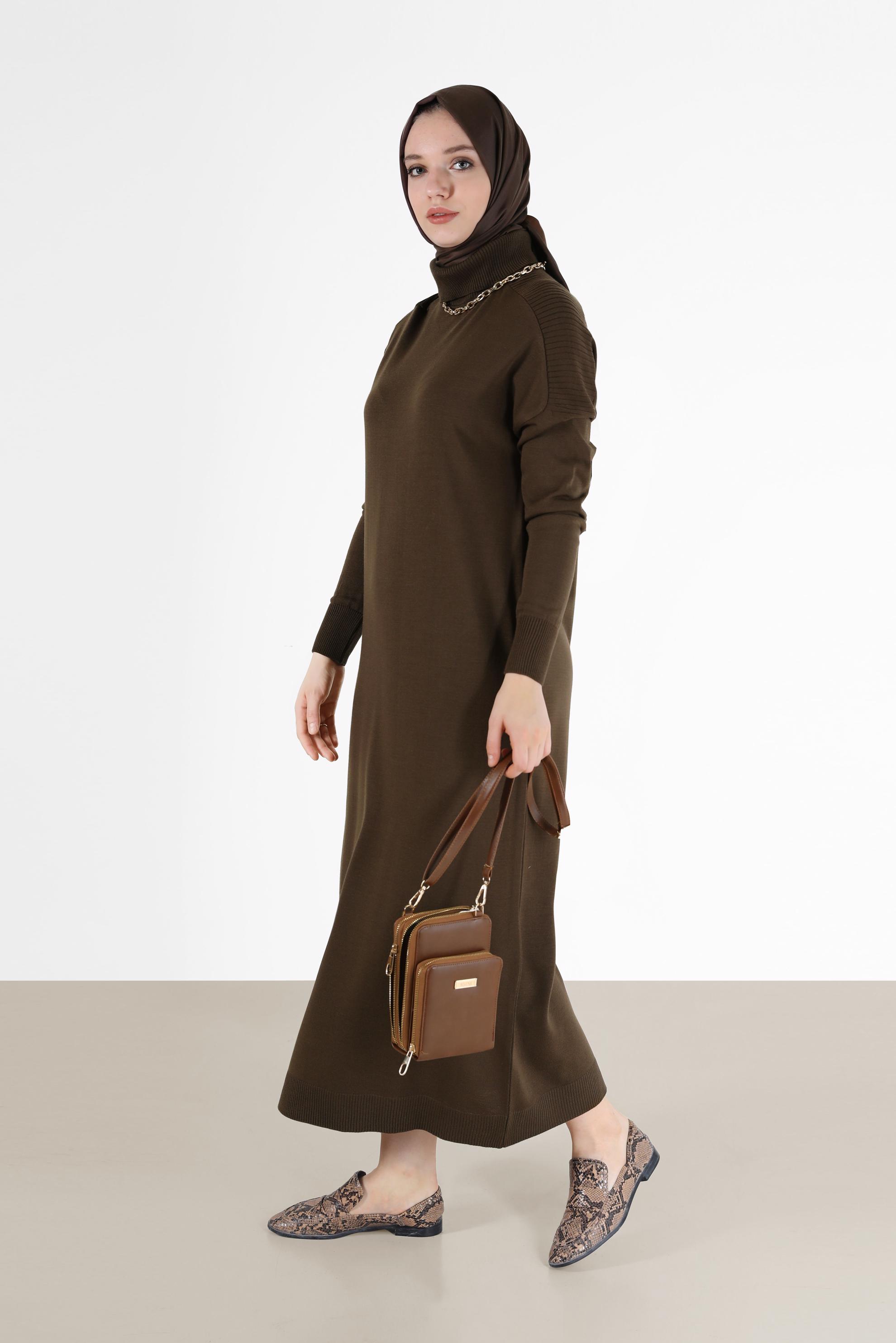 Tesettür giyim KAHVE BASIC TRİKO ELBİSE 42025 