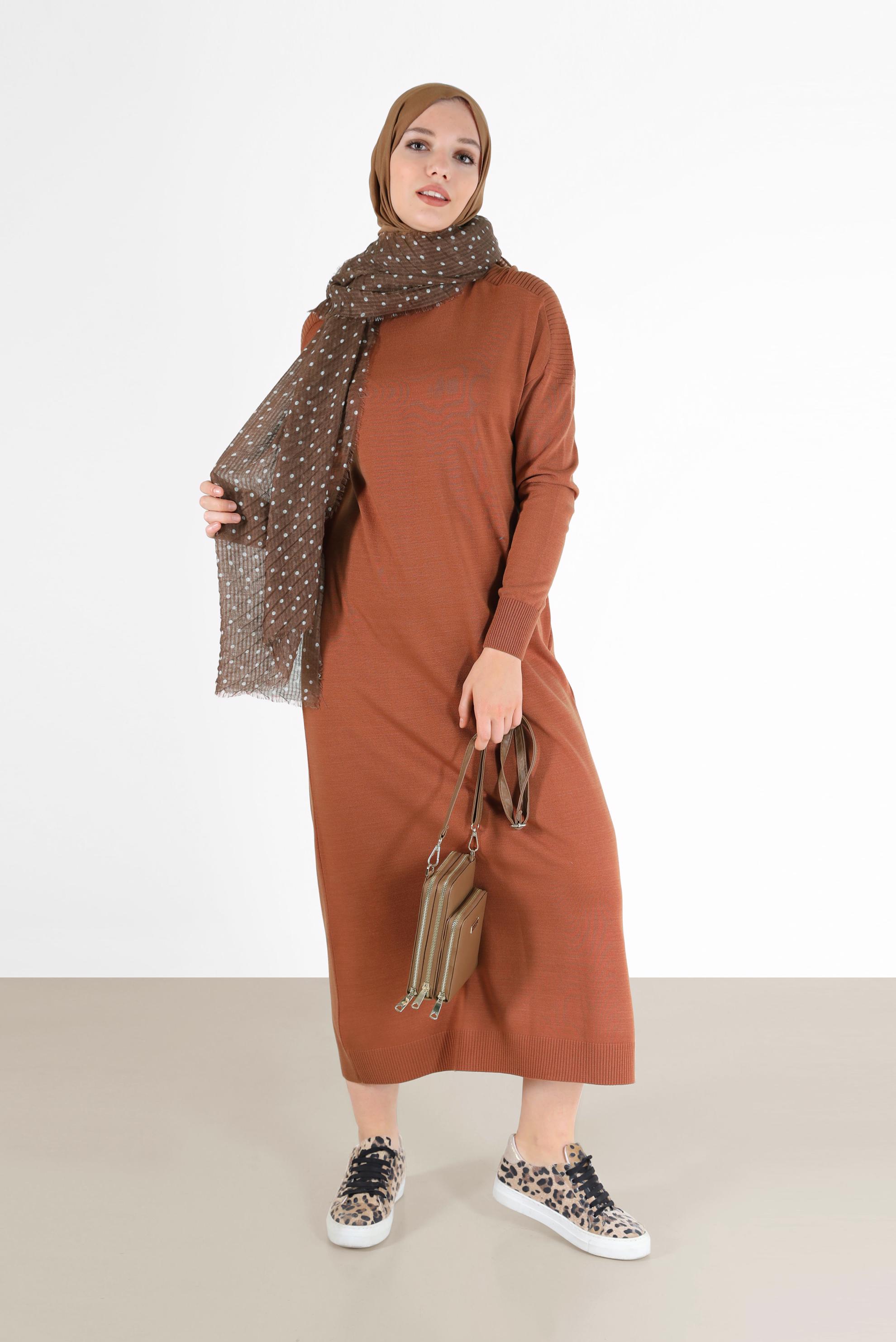 Tesettür giyim TURUNCU BASIC TRİKO ELBİSE 42025 