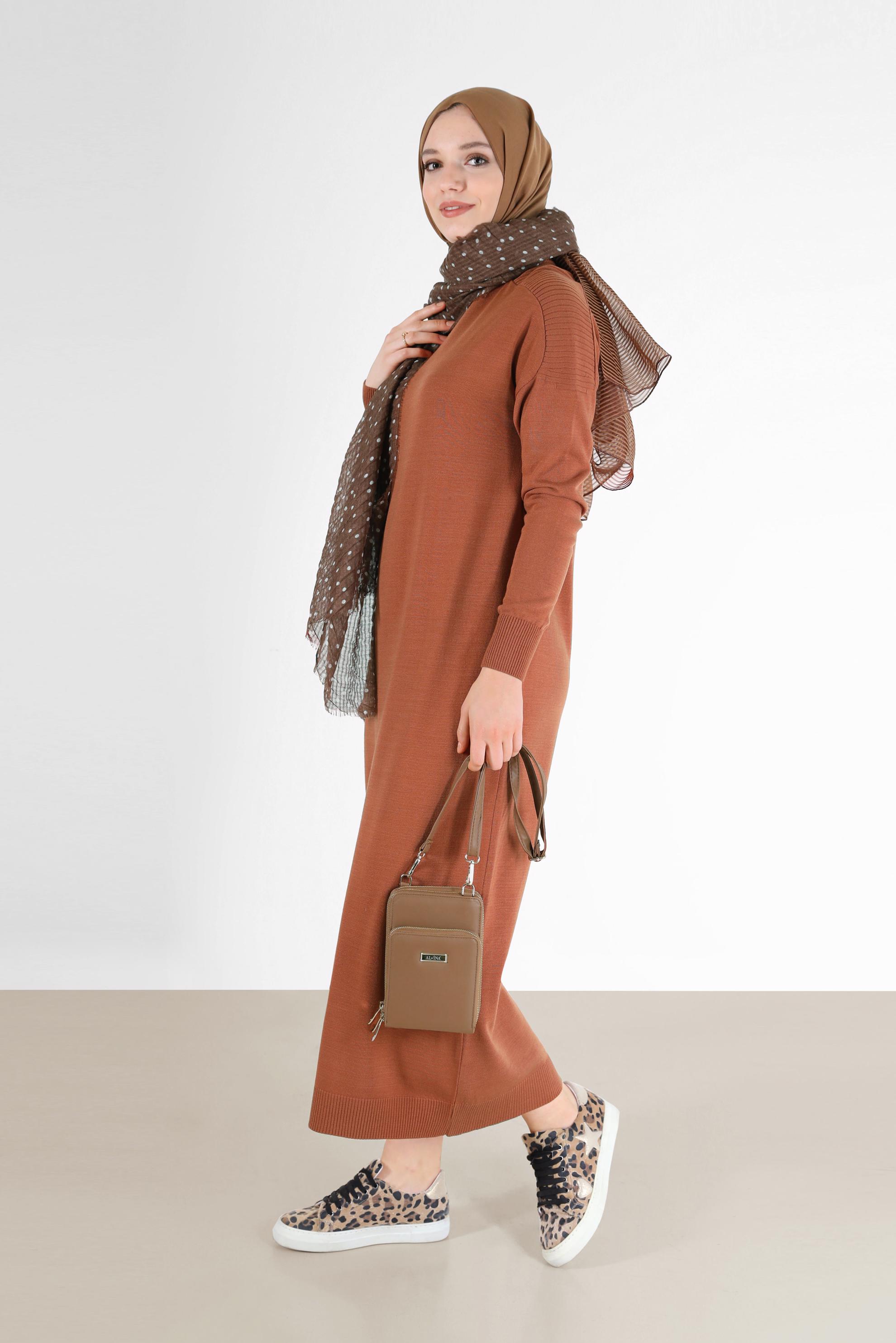 Tesettür giyim TURUNCU BASIC TRİKO ELBİSE 42025 