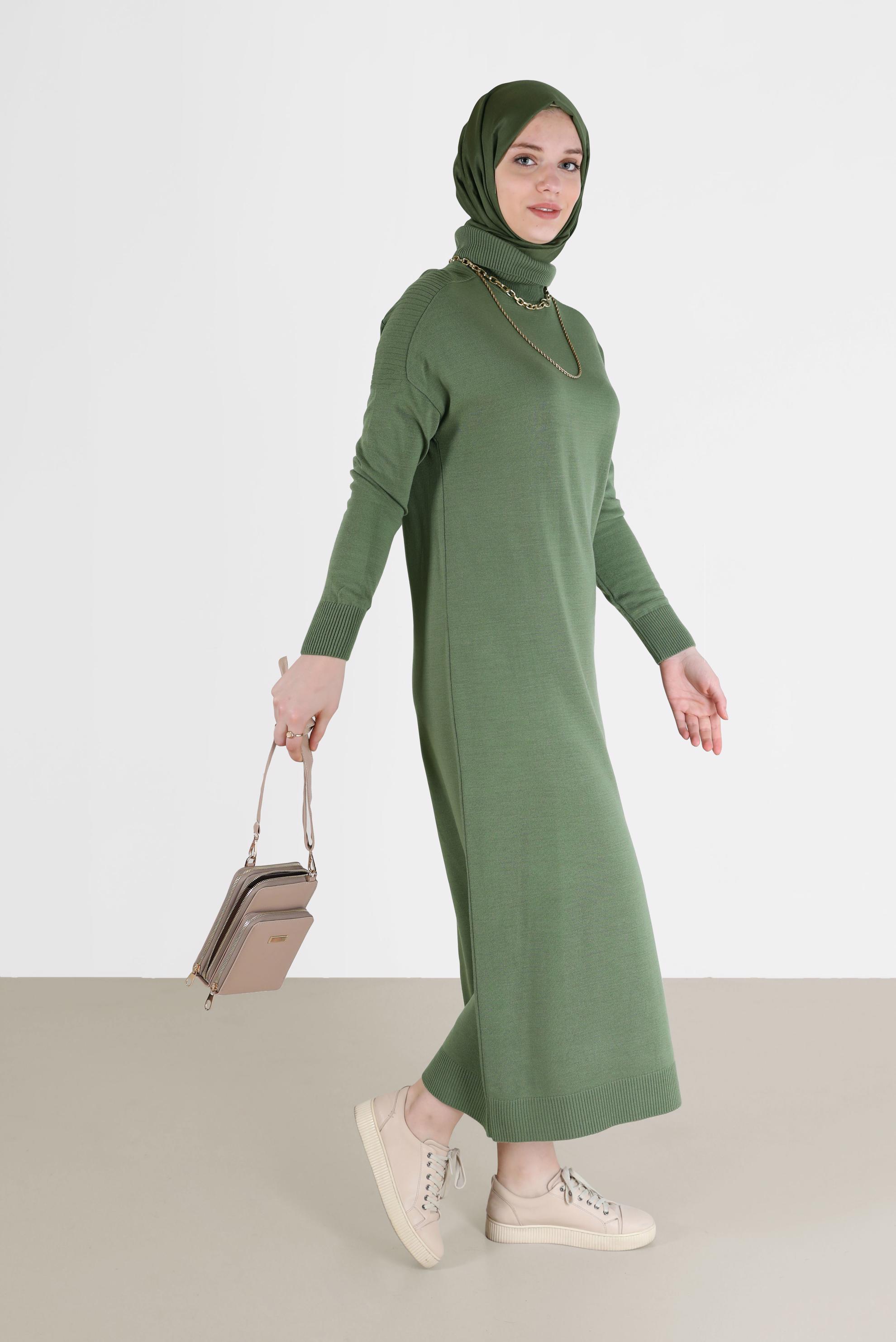 Tesettür giyim YEŞİL BASIC TRİKO ELBİSE 42025 
