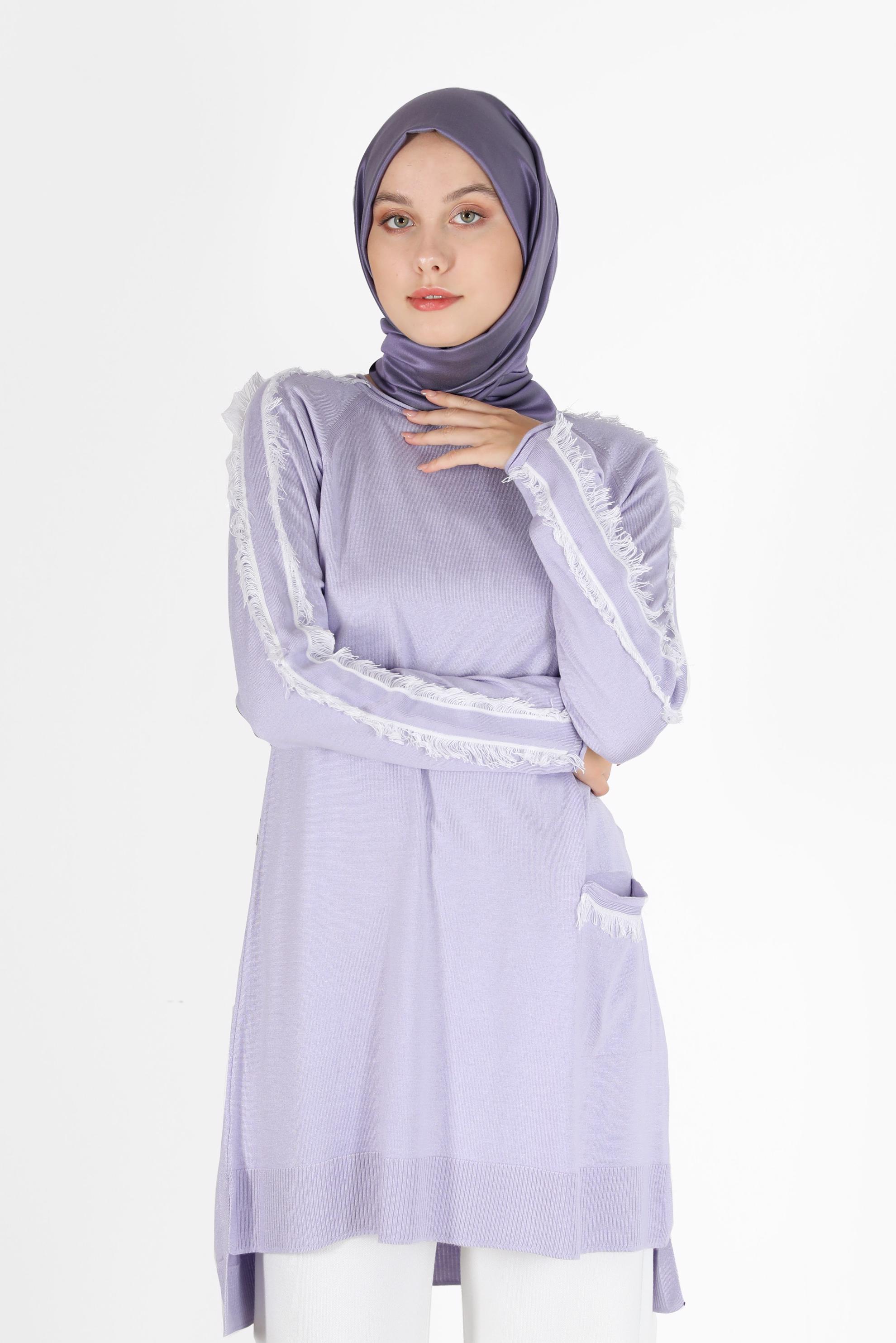 Tesettür giyim MOR CEP DETAYLI PÜSKÜLLÜ TRİKO TUNİK 42030 