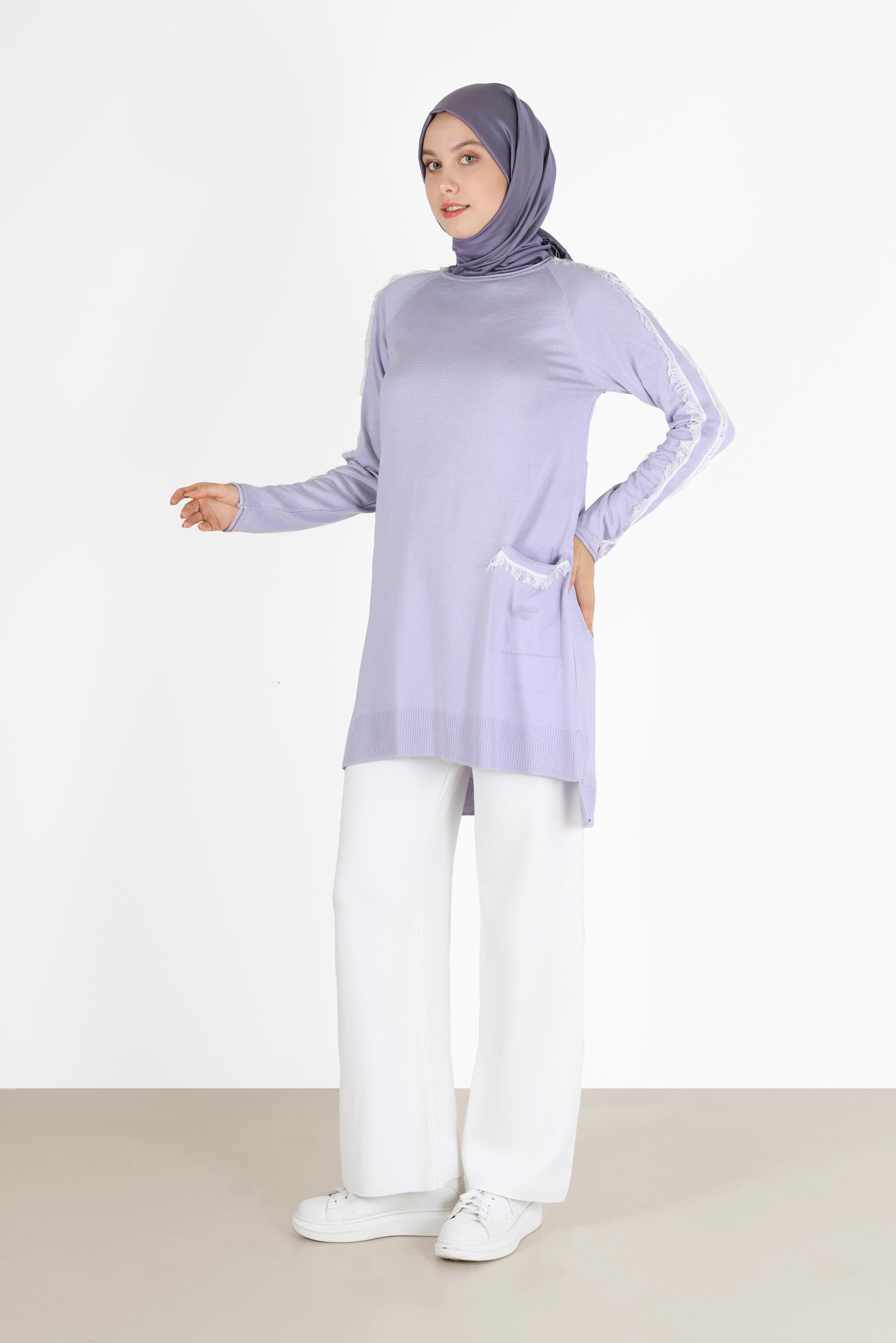 Tesettür giyim MOR CEP DETAYLI PÜSKÜLLÜ TRİKO TUNİK 42030 