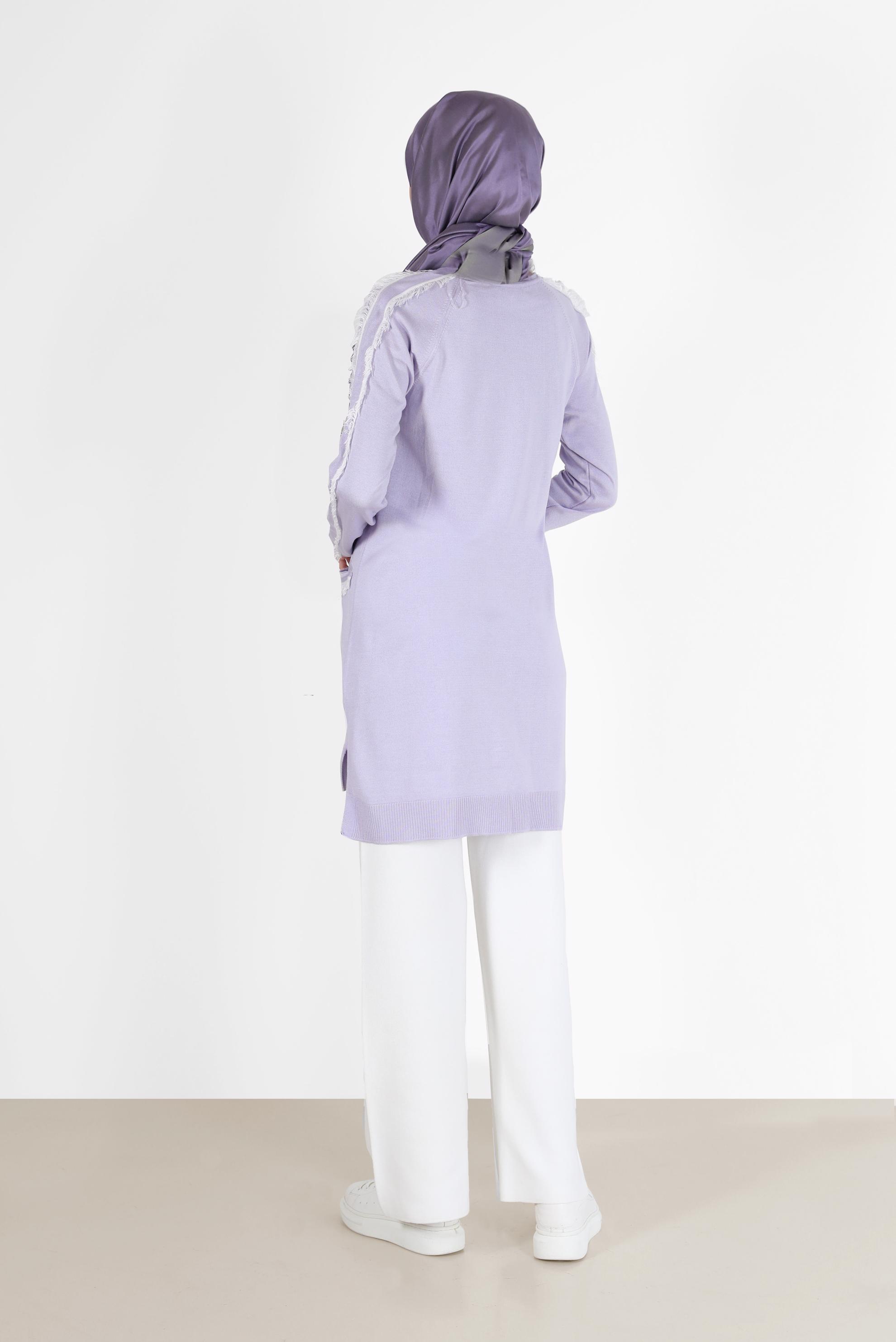 Tesettür giyim MOR CEP DETAYLI PÜSKÜLLÜ TRİKO TUNİK 42030 