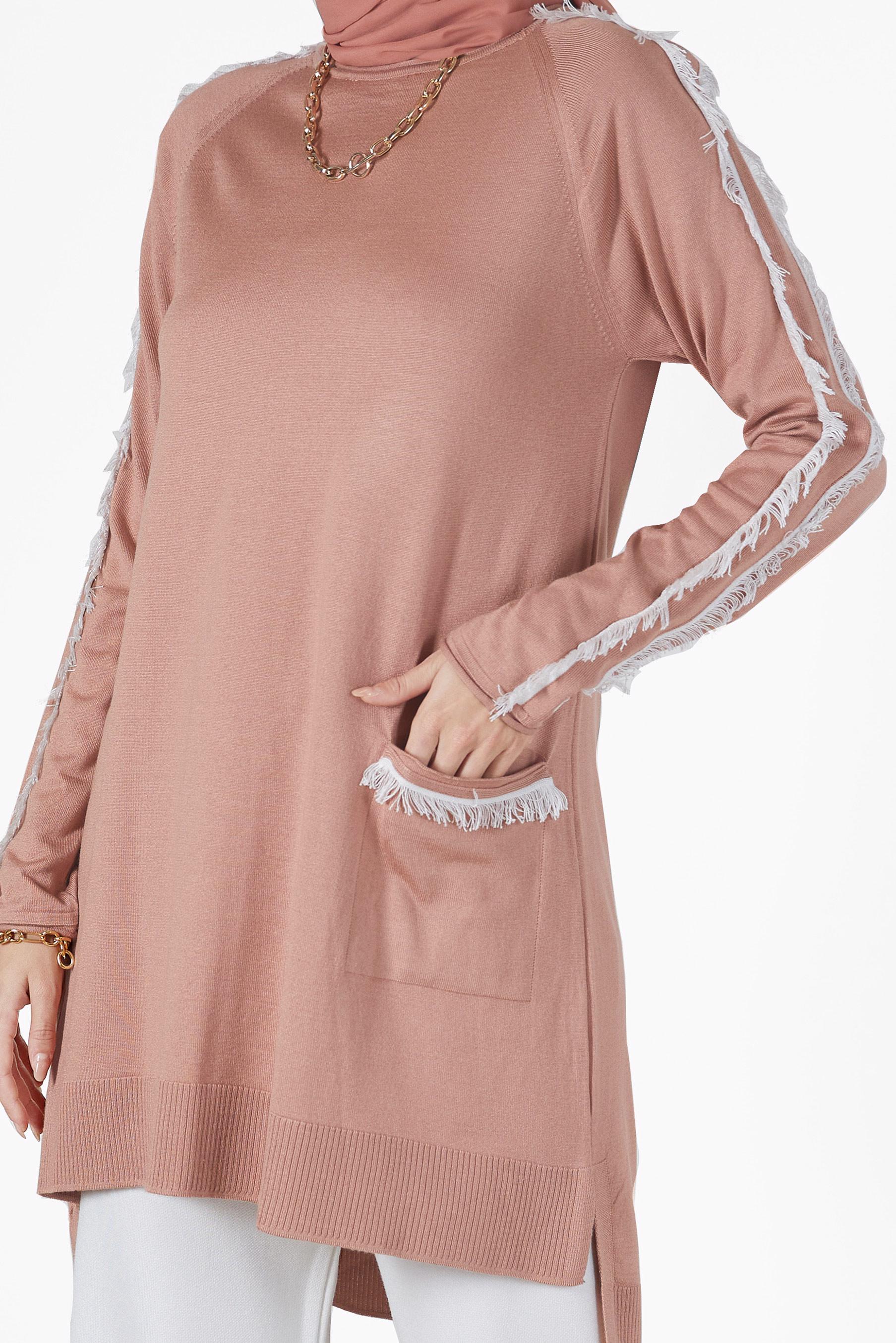 Tesettür giyim PUDRA CEP DETAYLI PÜSKÜLLÜ TRİKO TUNİK 42030 
