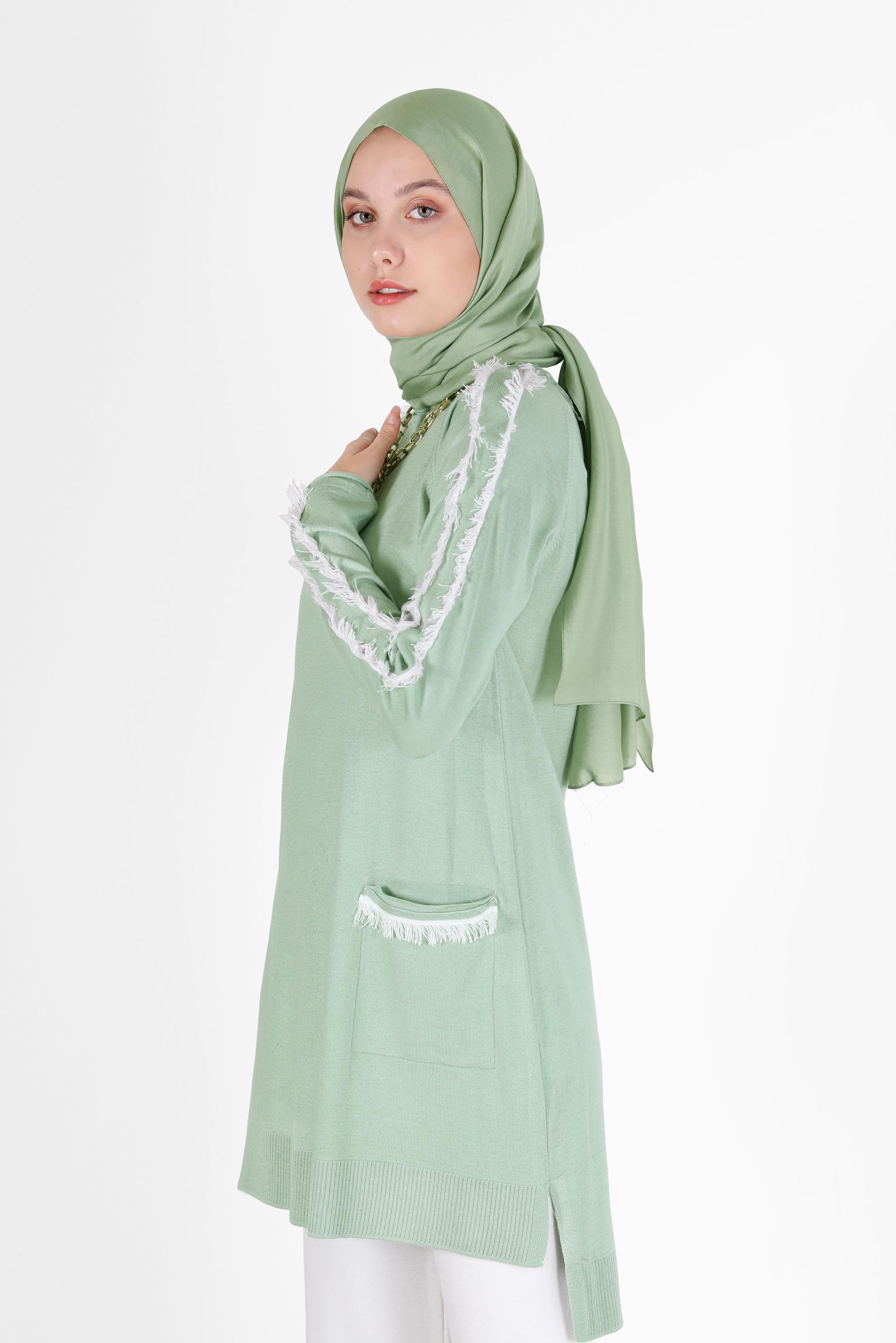 Hijab clothing GREEN POCKET DETAIL FRINGED KNITWEAR TUNIC 42030 