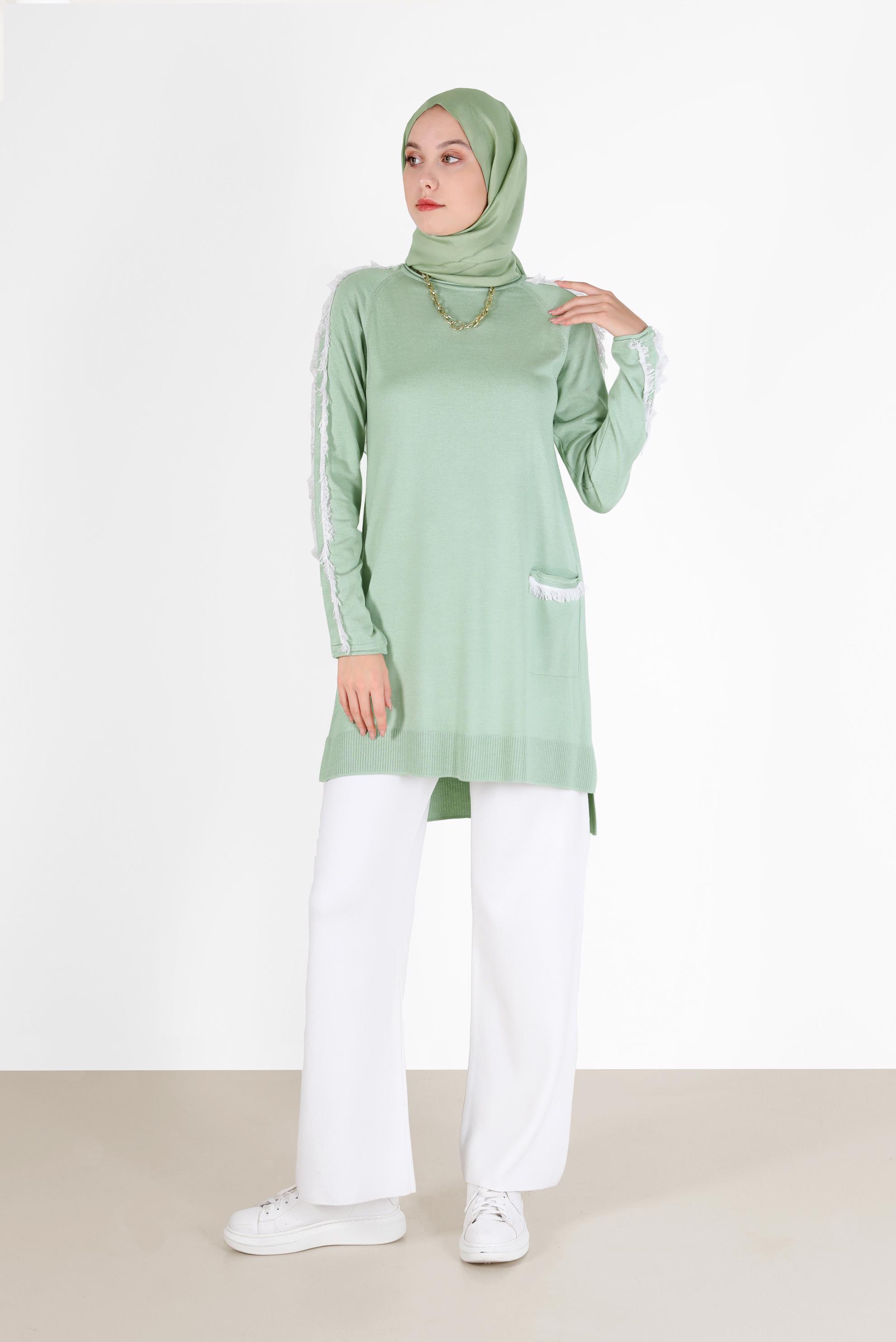 Hijab clothing GREEN POCKET DETAIL FRINGED KNITWEAR TUNIC 42030 