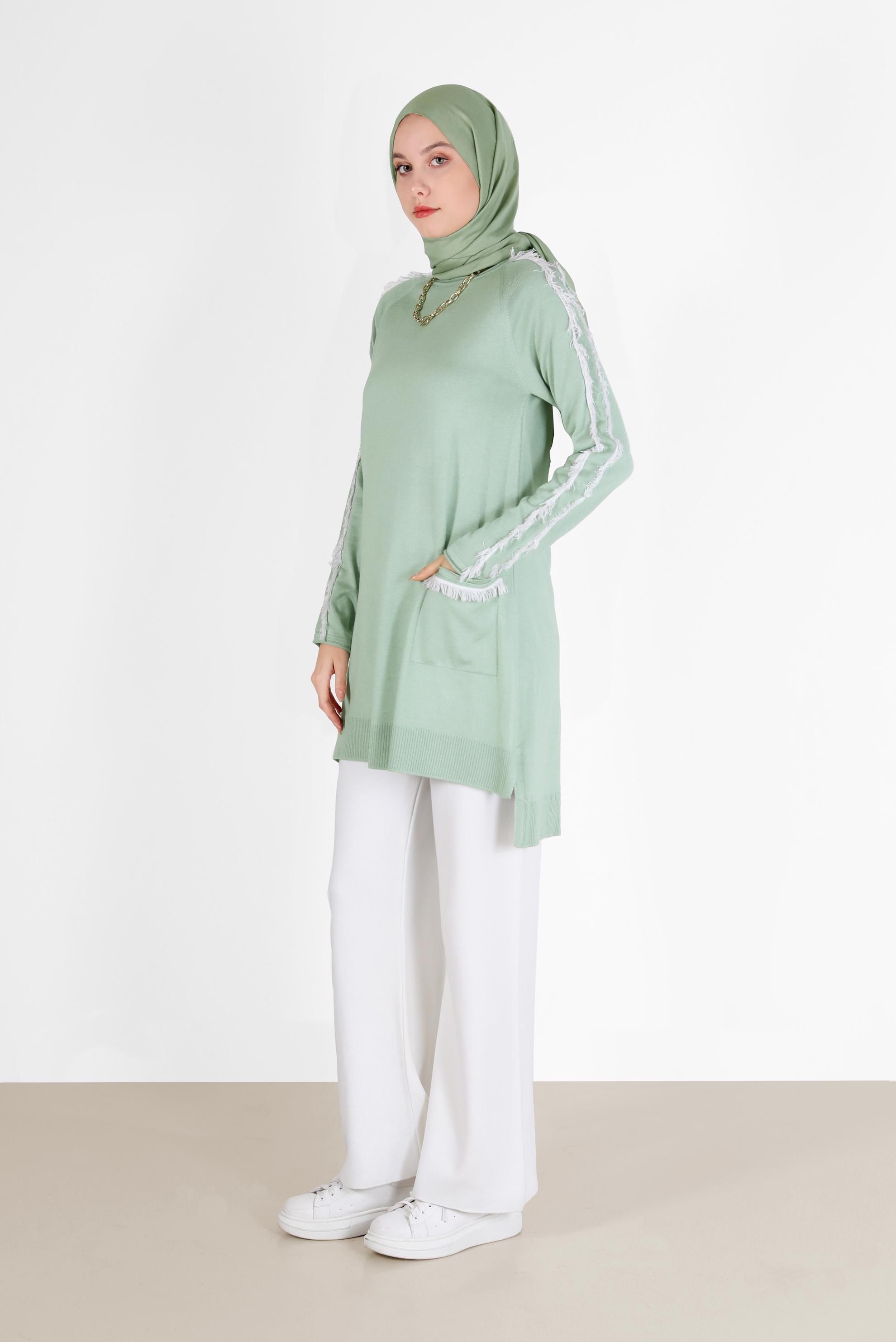 Hijab clothing GREEN POCKET DETAIL FRINGED KNITWEAR TUNIC 42030 