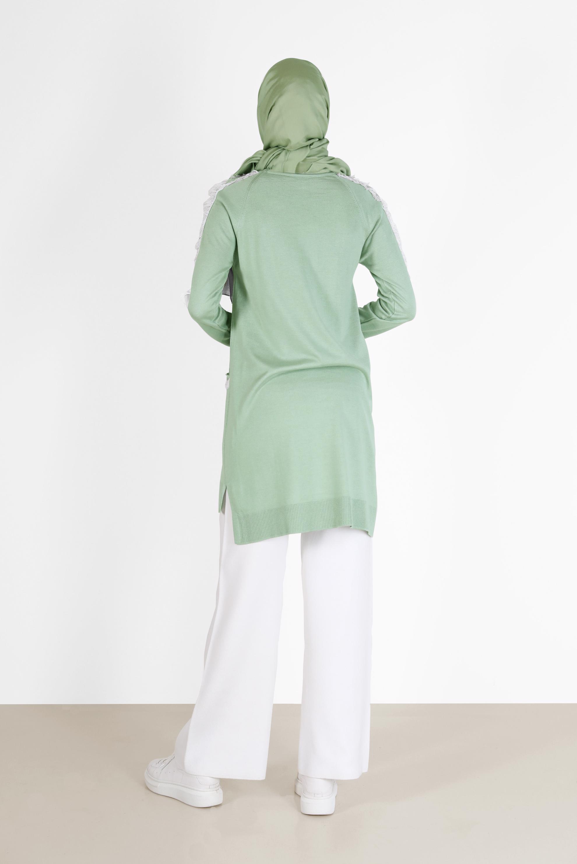 Hijab clothing GREEN POCKET DETAIL FRINGED KNITWEAR TUNIC 42030 
